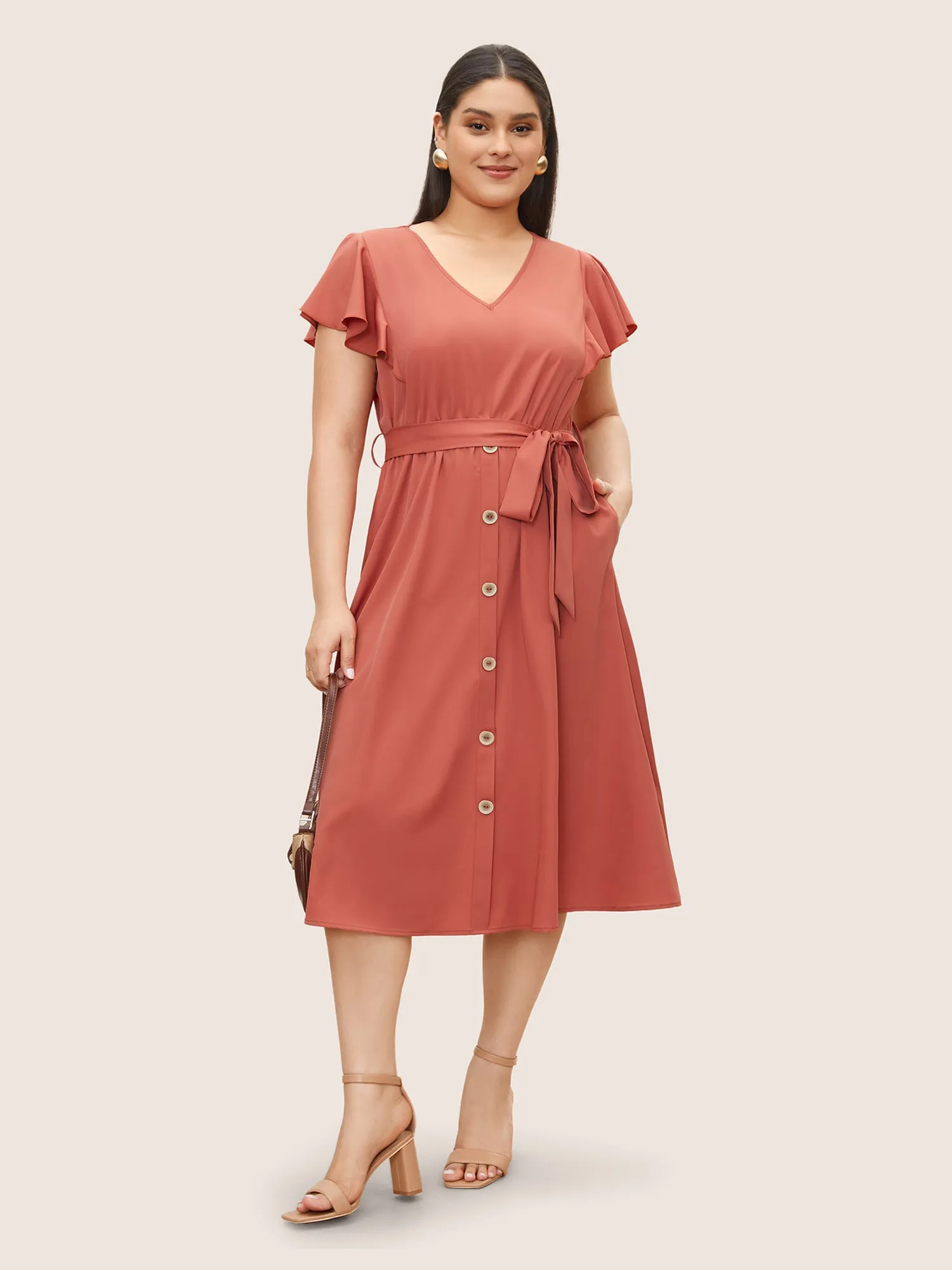 Plain Ruffle Cap Sleeve Button Detail Dress sold by Bloomchic