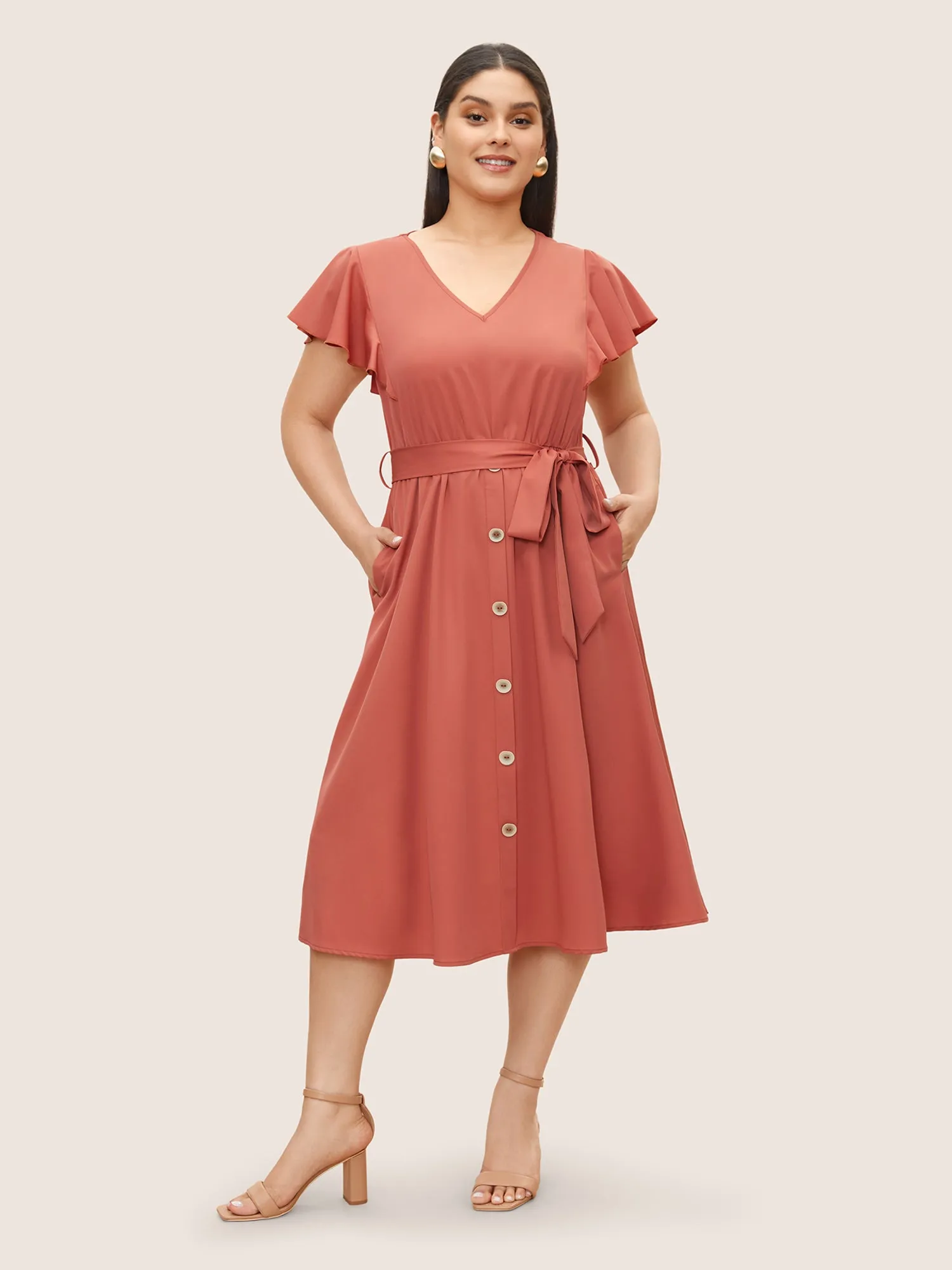 Plain Ruffle Cap Sleeve Button Detail Dress sold by Bloomchic product image thumbnail 3