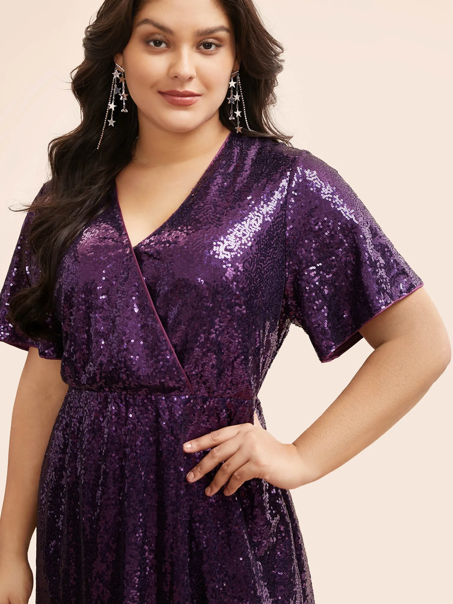 Sequin Overlap Collar Ruffle Sleeve Dress sold by Bloomchic product image thumbnail 4