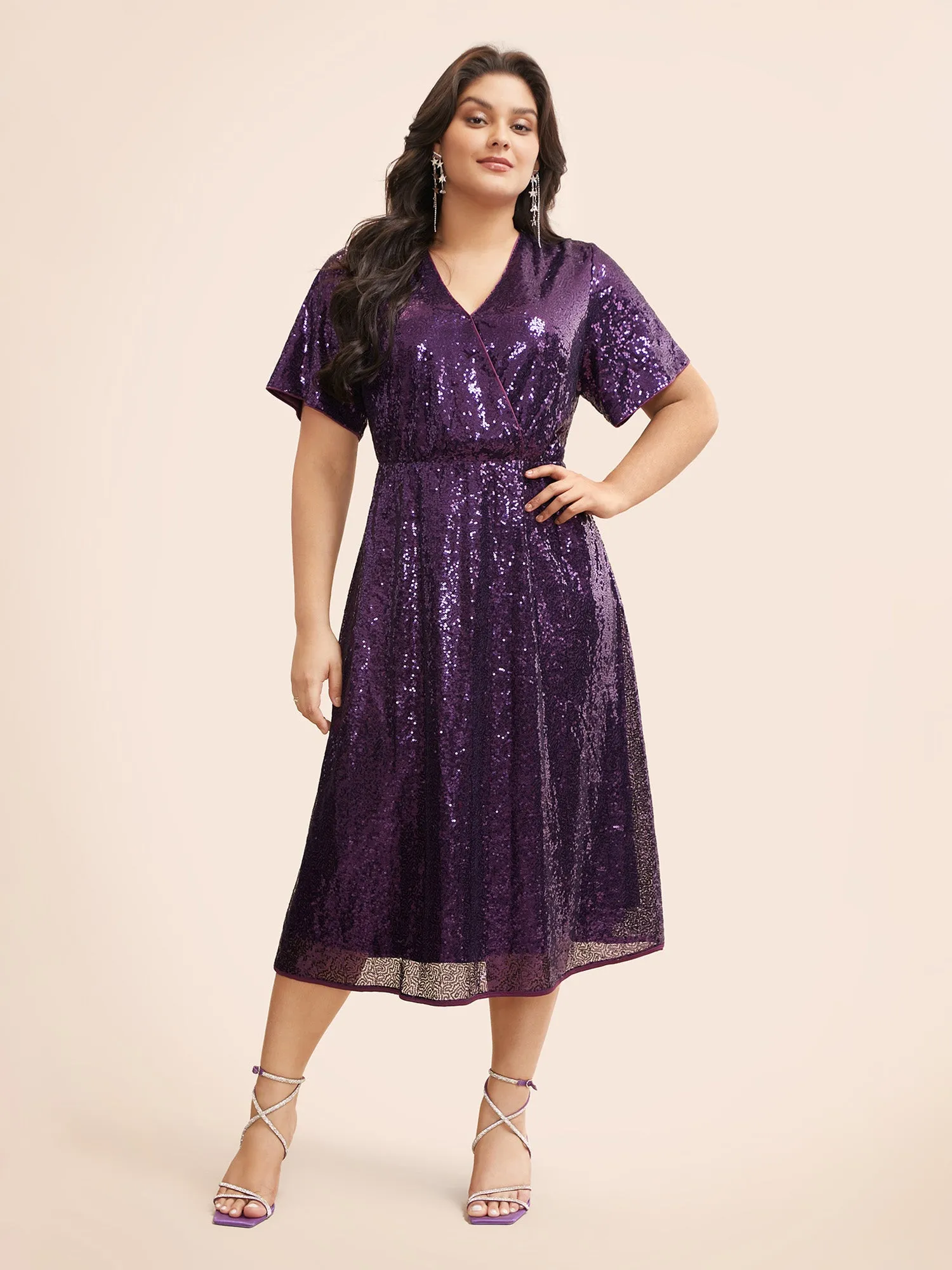 Sequin Overlap Collar Ruffle Sleeve Dress sold by Bloomchic product image thumbnail 2