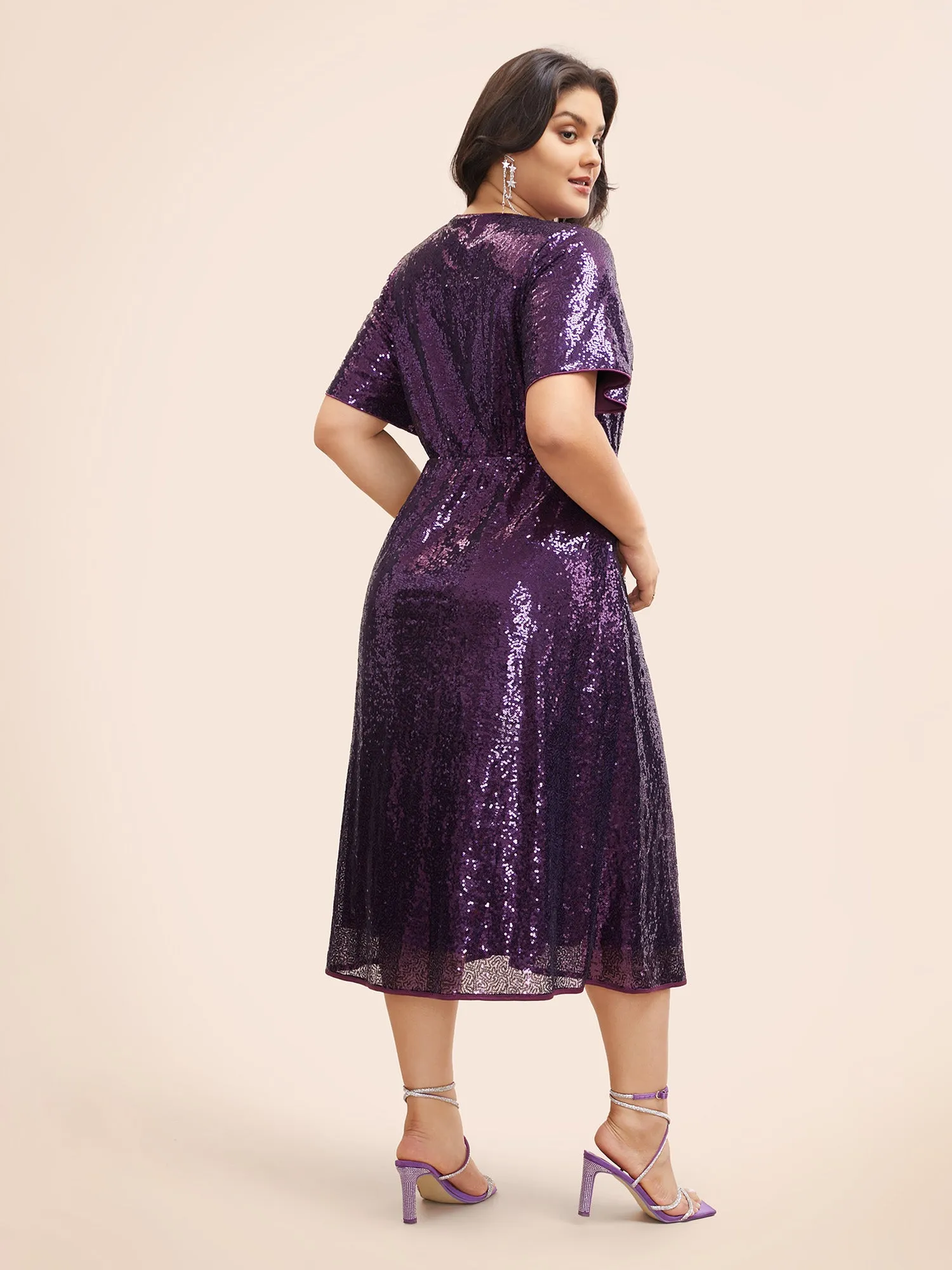 Sequin Overlap Collar Ruffle Sleeve Dress sold by Bloomchic product image thumbnail 3