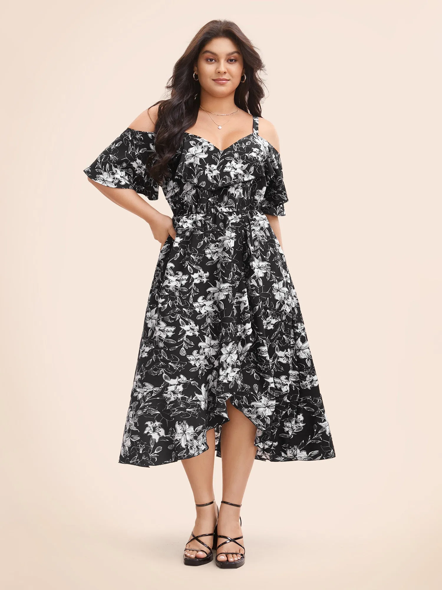 Floral Heart Neckline Ruffle Trim Dress sold by Bloomchic