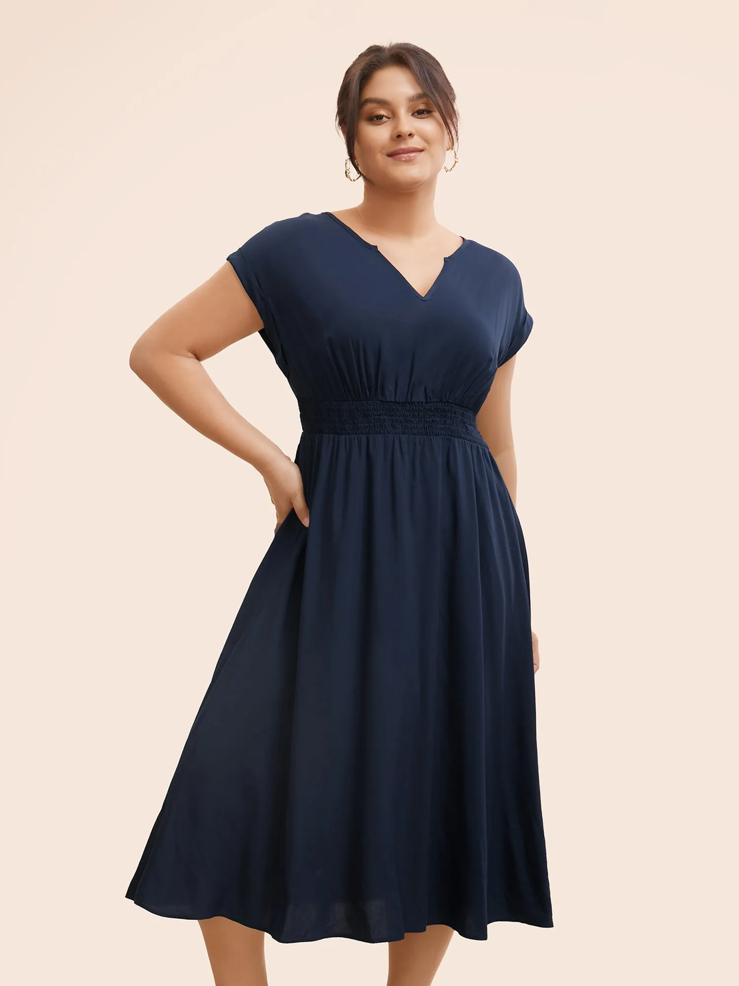 Plain Shirred Cap Sleeve Midi Dress sold by Bloomchic