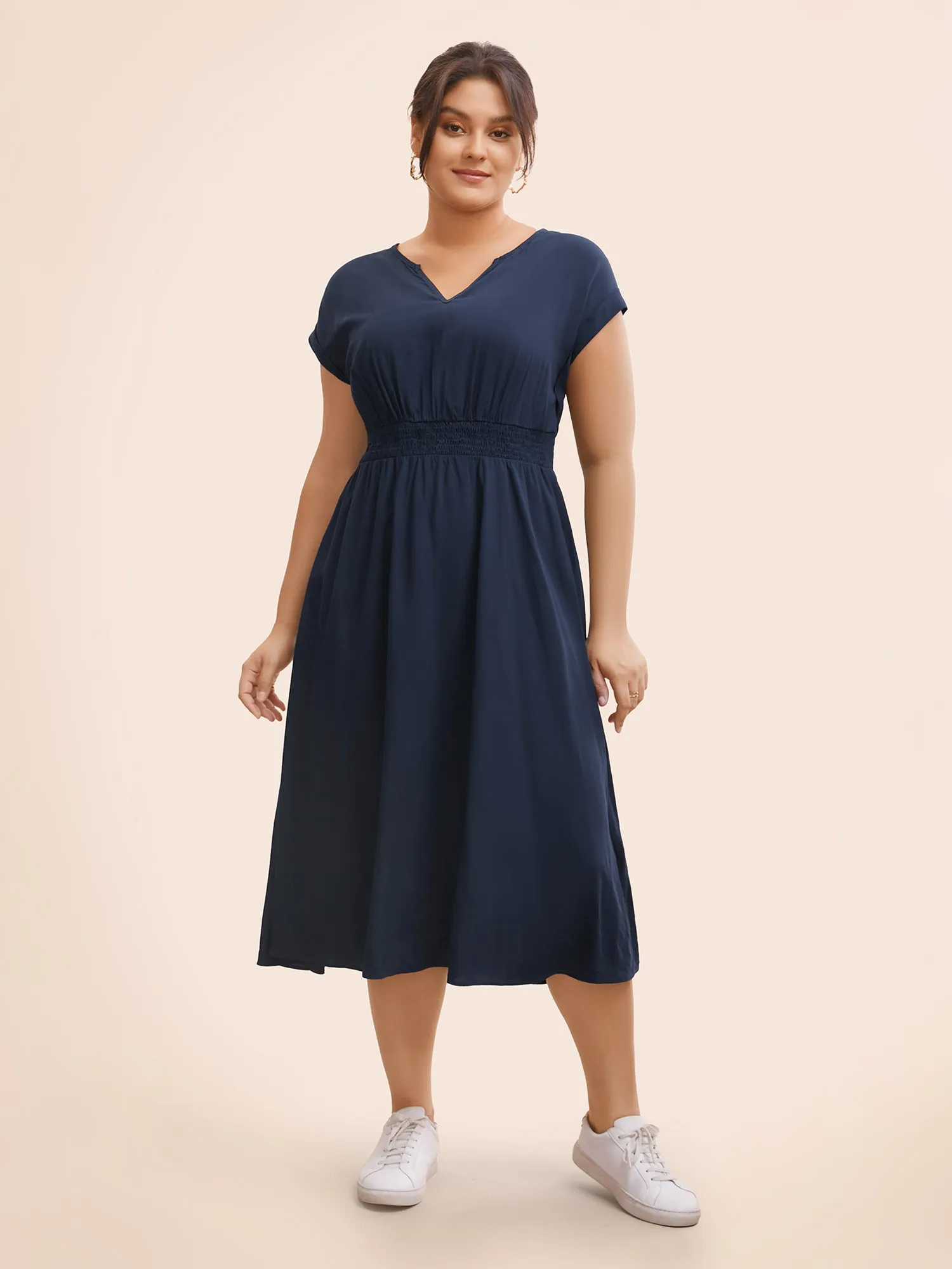Plain Shirred Cap Sleeve Midi Dress sold by Bloomchic product image thumbnail 2