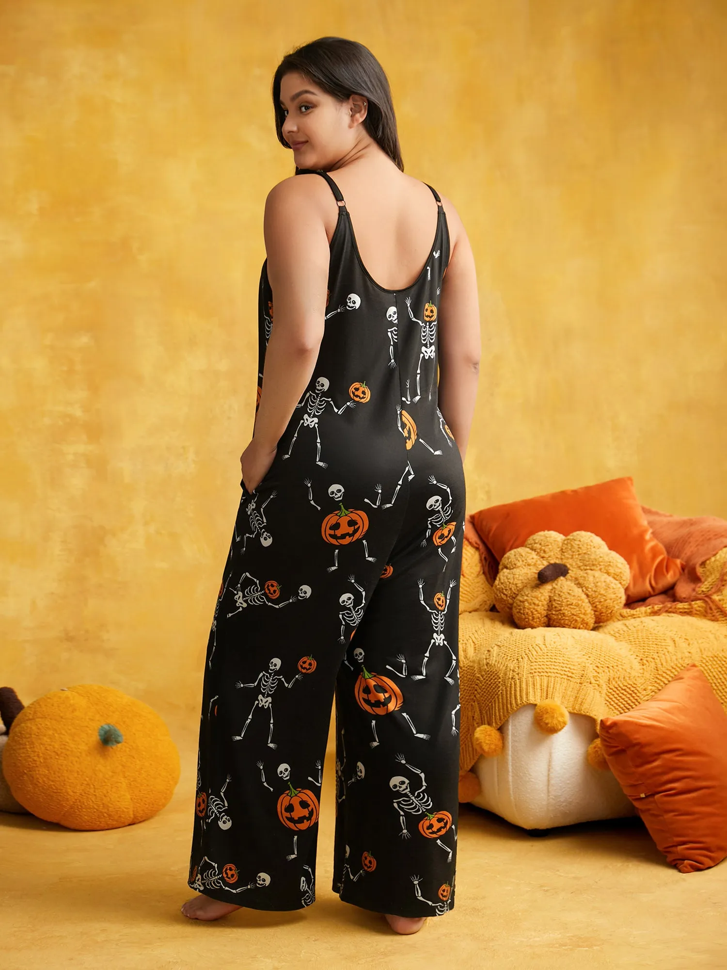 Pumpkin Printed Slim-Fit Lounge Jumpsuit sold by Bloomchic product image thumbnail 4