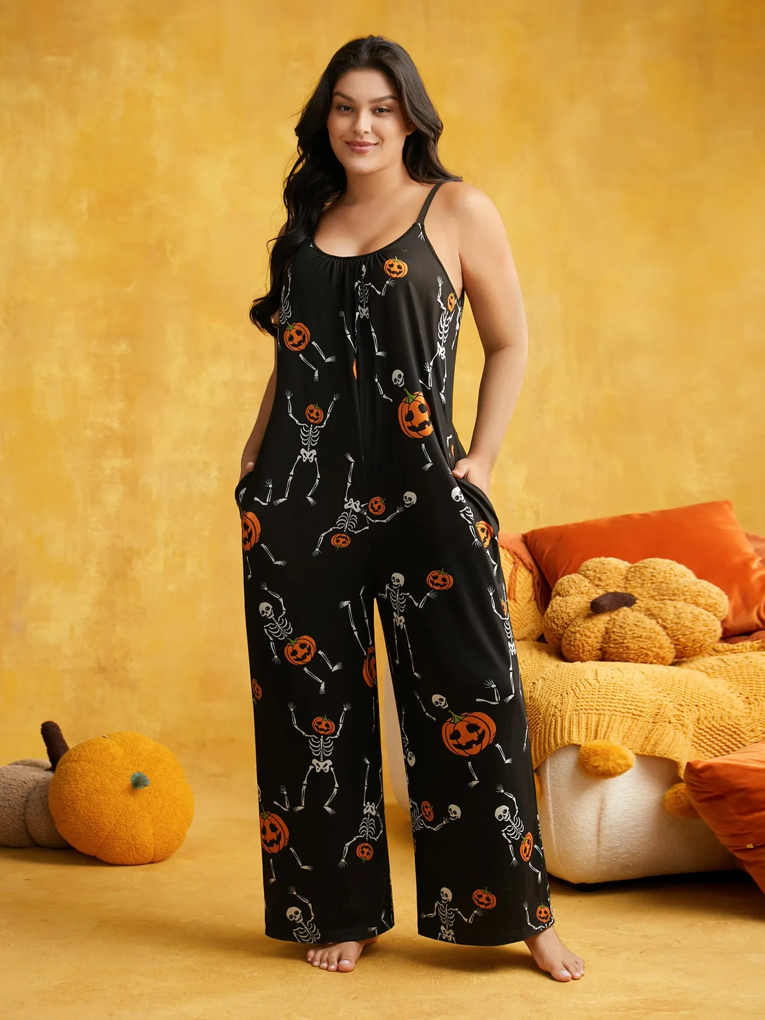 Pumpkin Printed Slim-Fit Lounge Jumpsuit sold by Bloomchic product image thumbnail 3