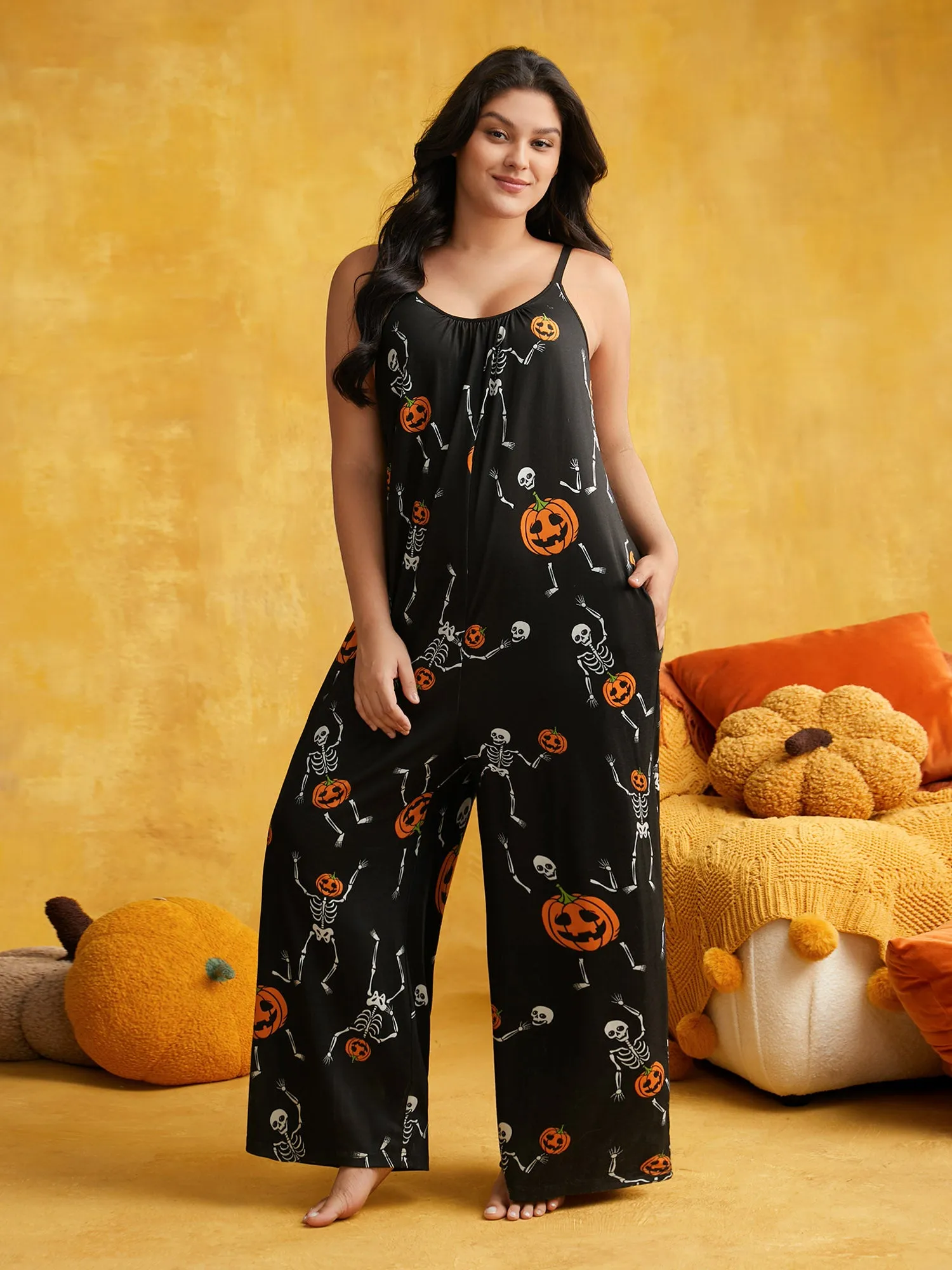 Pumpkin Printed Slim-Fit Lounge Jumpsuit sold by Bloomchic