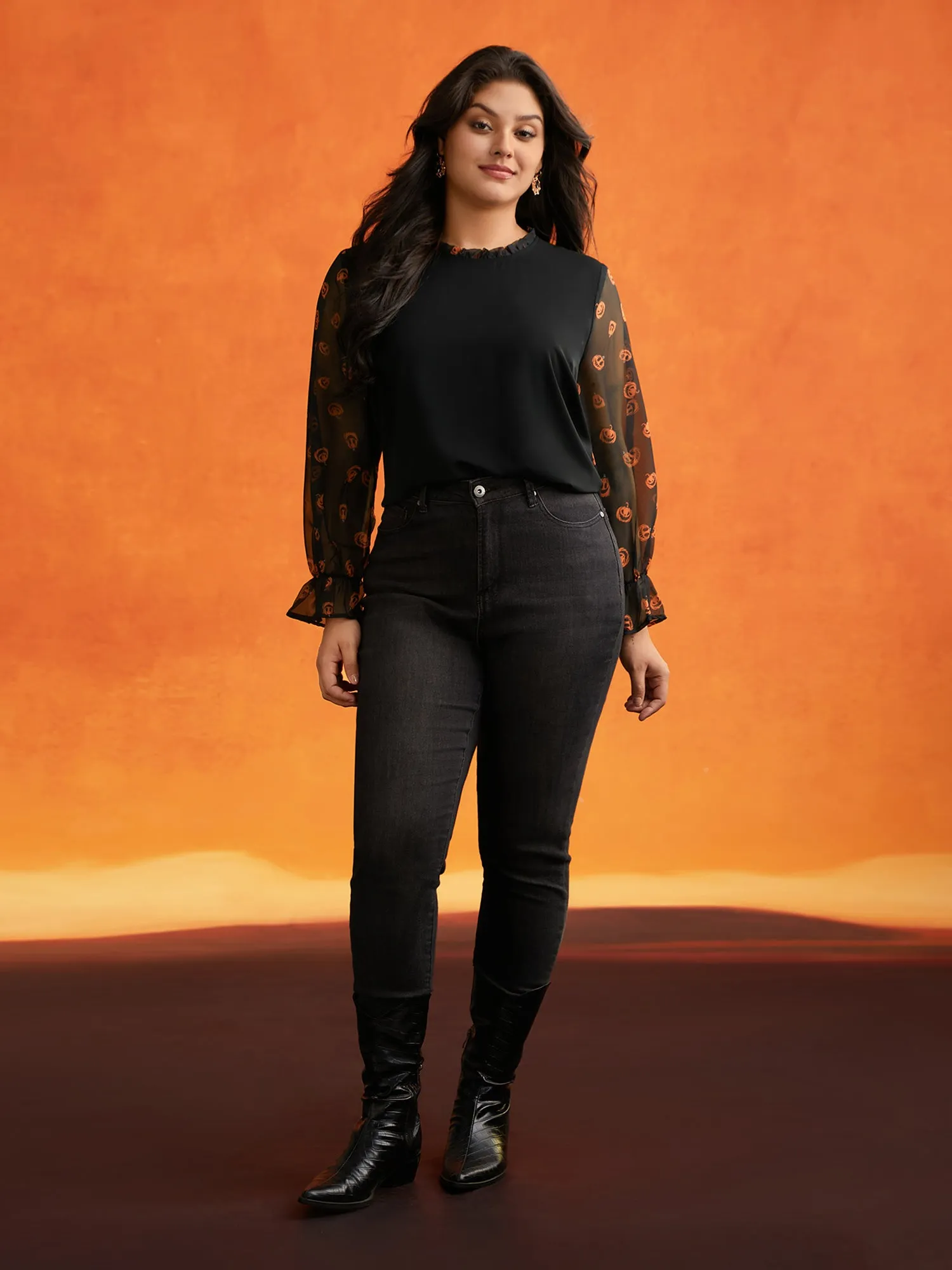 Pumpkin Patchwork Printed Sleeves Blouse sold by Bloomchic product image thumbnail 2