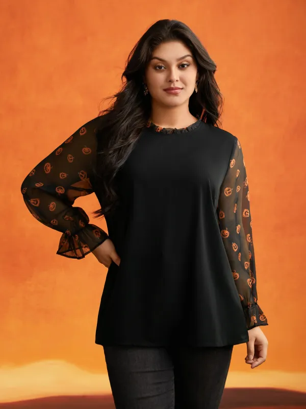 Pumpkin Patchwork Printed Sleeves Blouse sold by Bloomchic