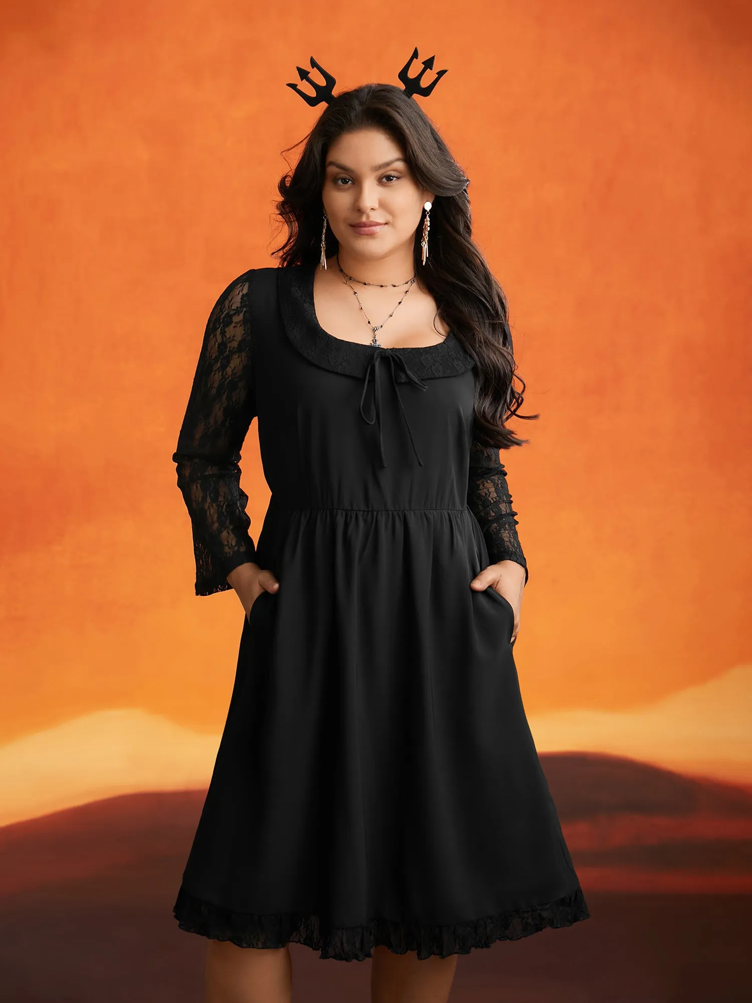 Spellbound Lace Sleeves Square Neckline Midi Dress sold by Bloomchic