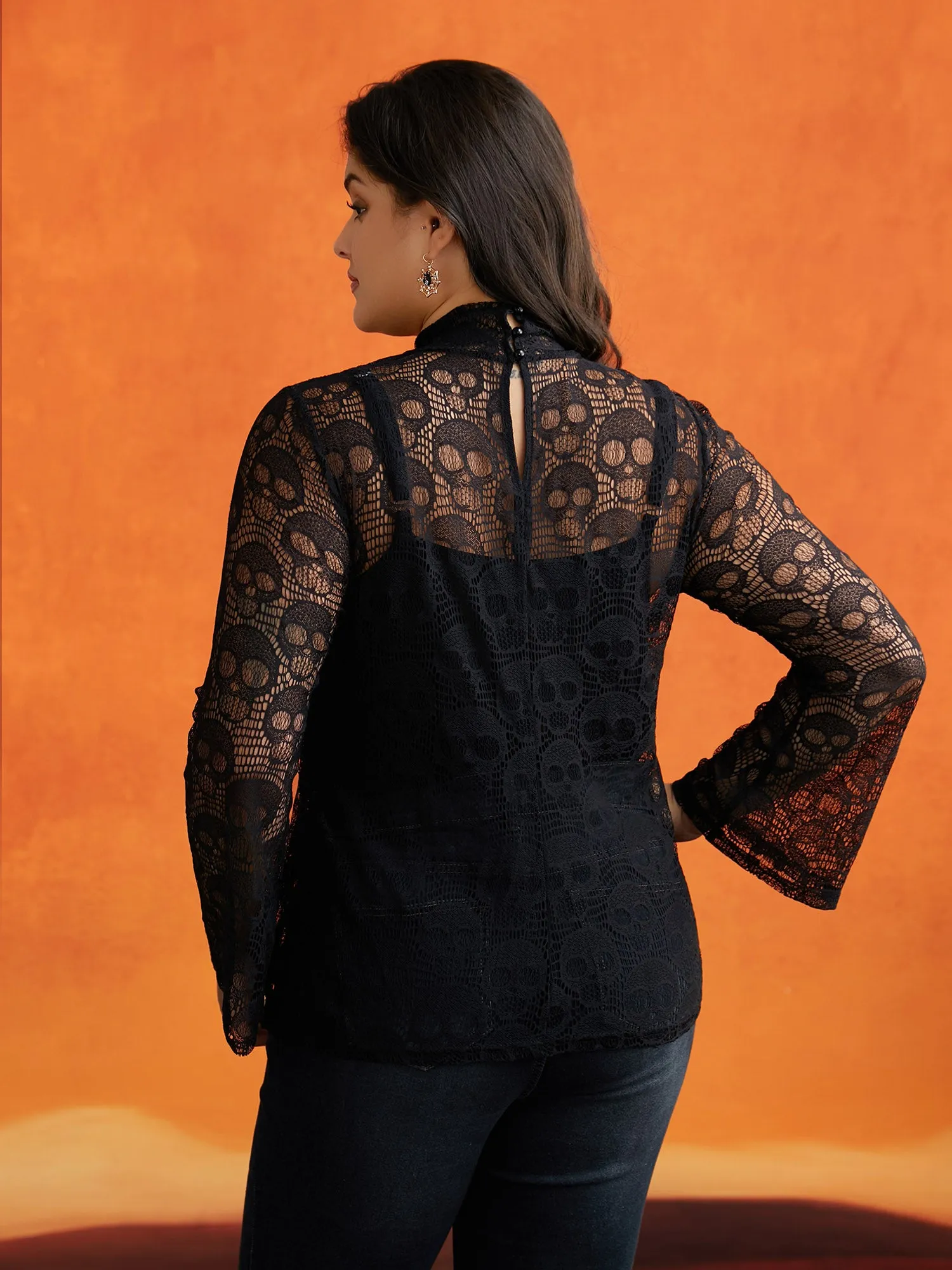 Skull Pattern Mesh Fabric Turtleneck T-shirt sold by Bloomchic product image thumbnail 2