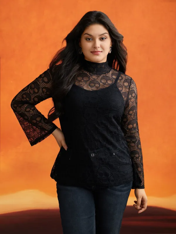 Skull Pattern Mesh Fabric Turtleneck T-shirt sold by Bloomchic