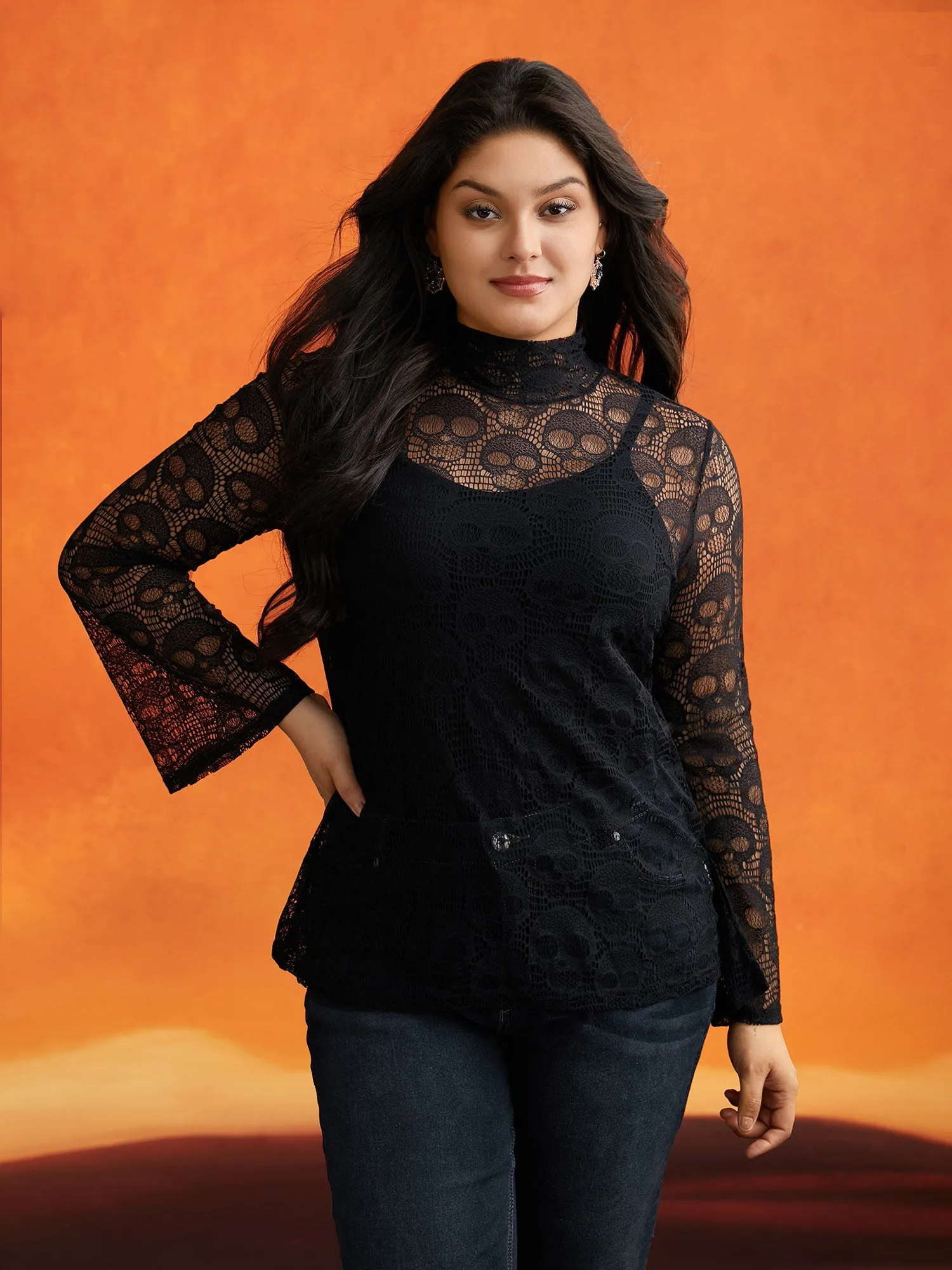 Skull Pattern Mesh Fabric Turtleneck T-shirt sold by Bloomchic