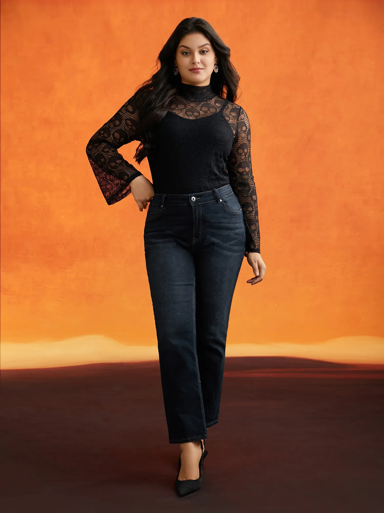 Skull Pattern Mesh Fabric Turtleneck T-shirt sold by Bloomchic product image thumbnail 3