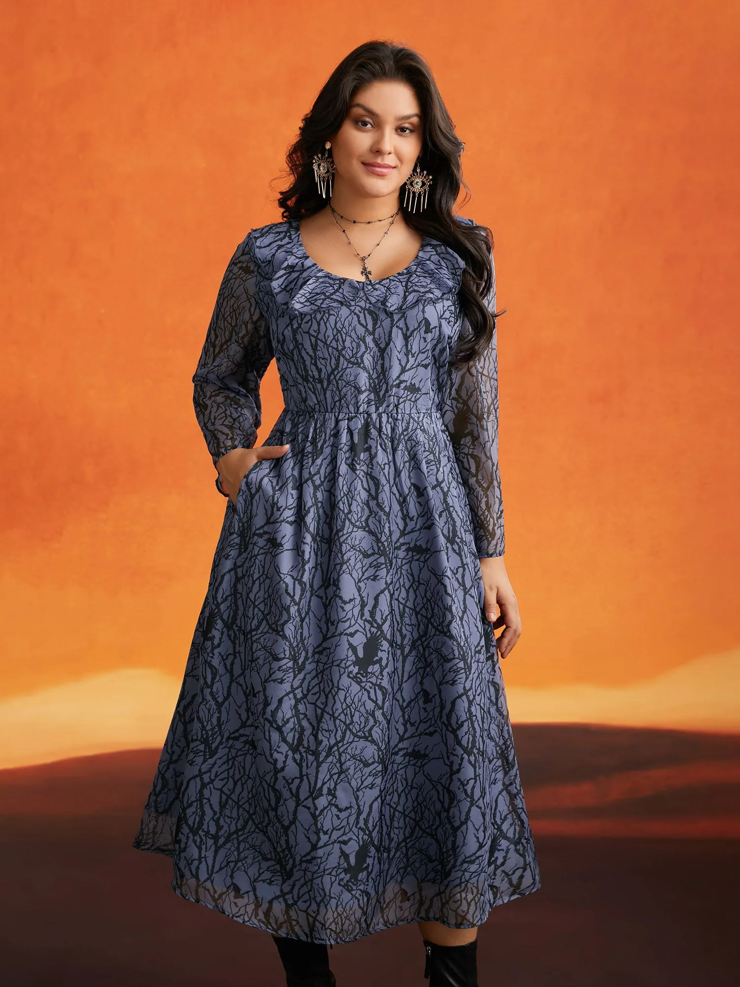 Twilight Vines And Ruffle Neckline Midi Dress sold by Bloomchic product image thumbnail 3