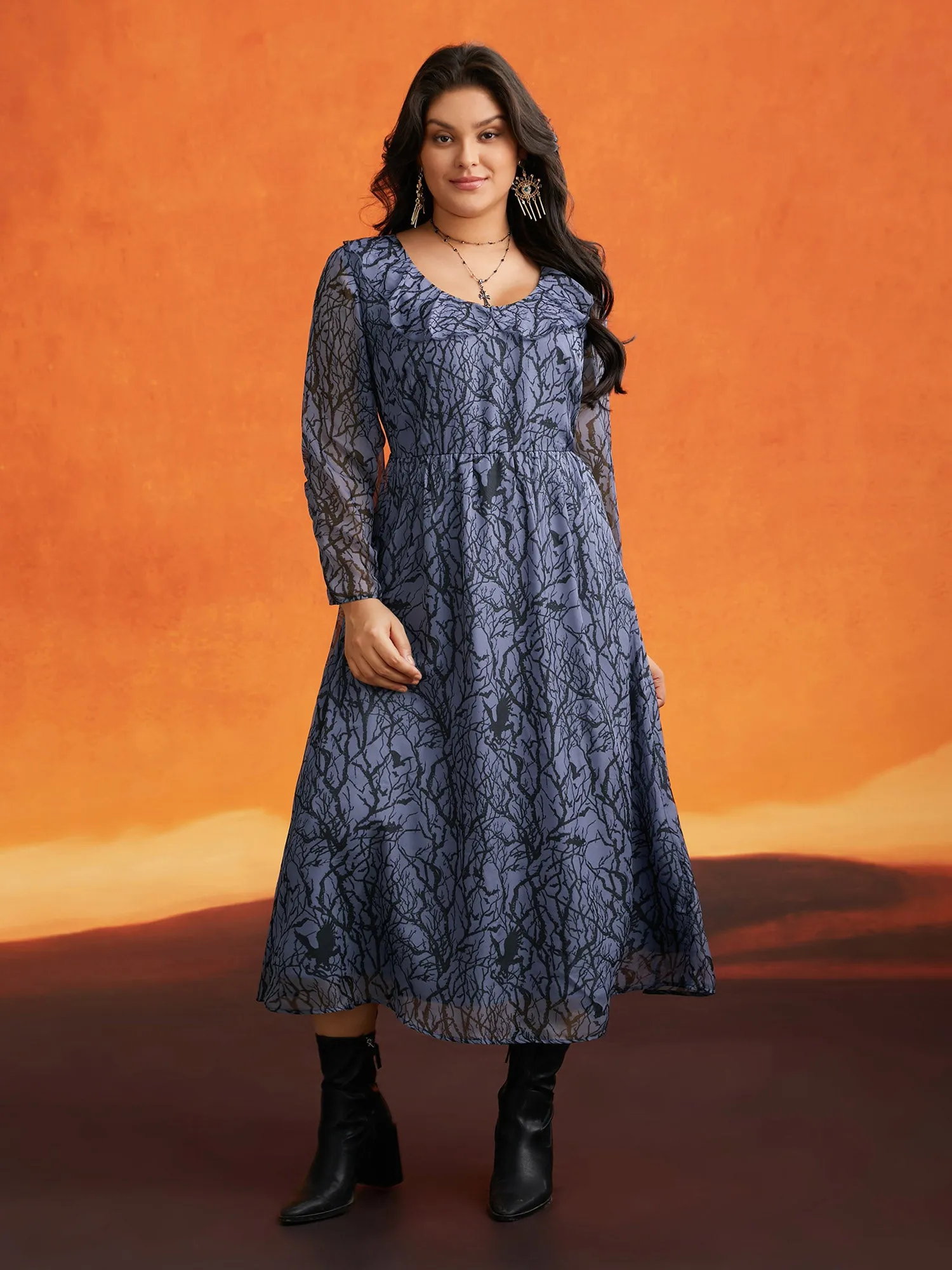 Twilight Vines And Ruffle Neckline Midi Dress sold by Bloomchic