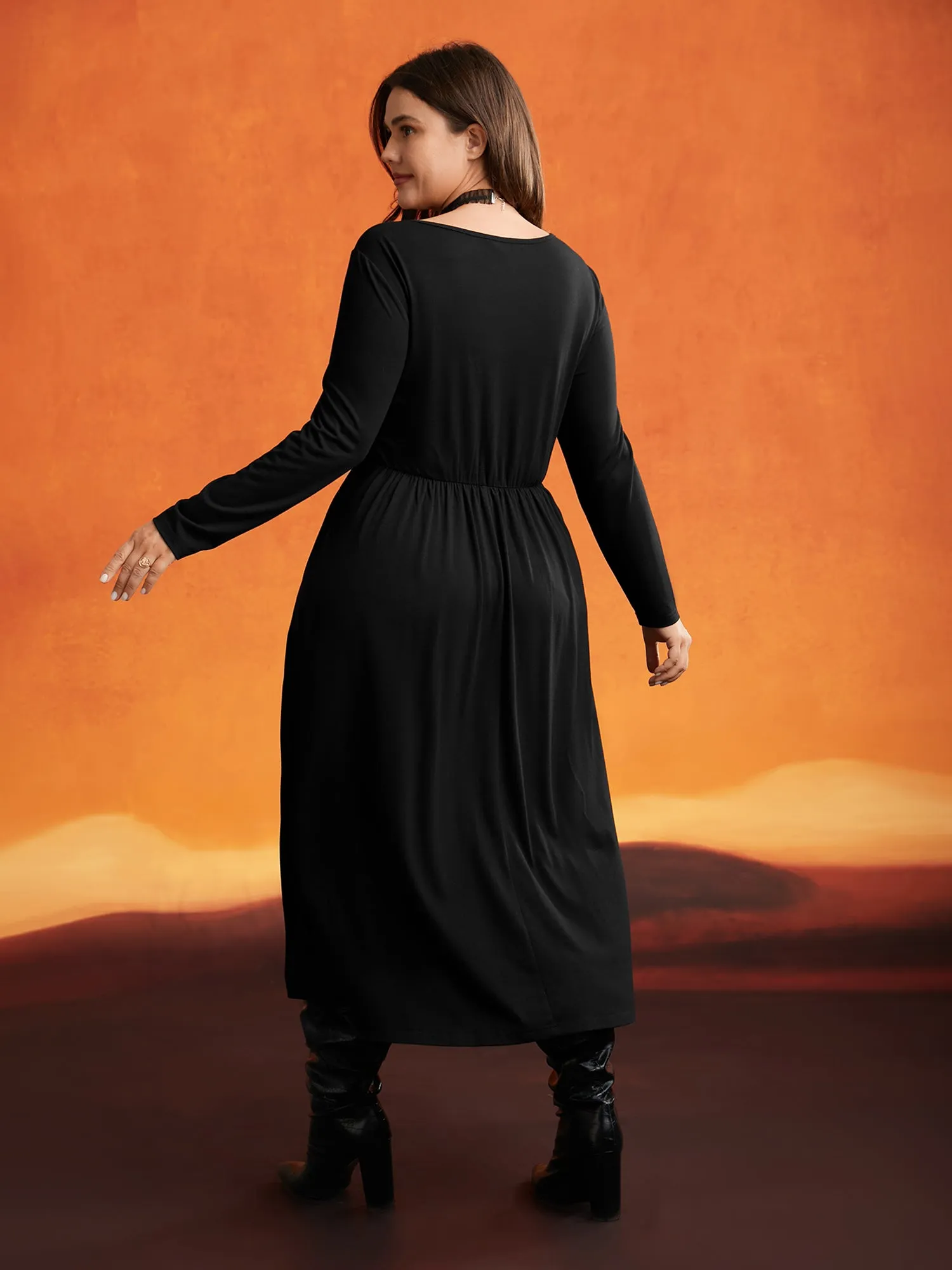 Stretchy Knit Adjustable Tie Frill Trim Midi Dress sold by Bloomchic product image thumbnail 4