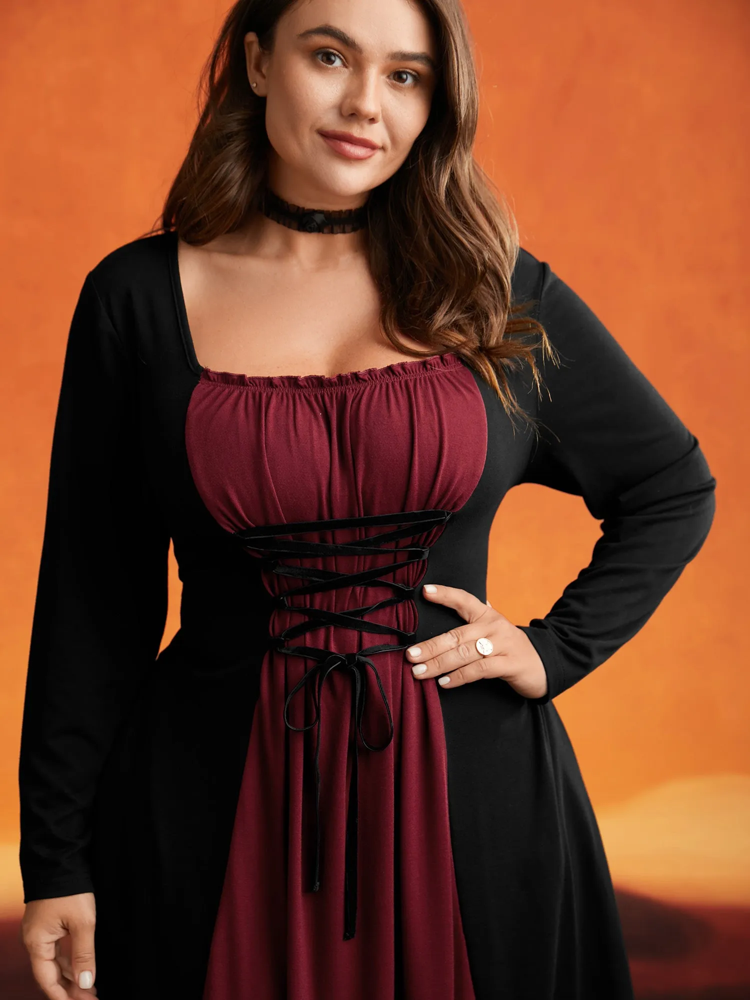 Stretchy Knit Adjustable Tie Frill Trim Midi Dress sold by Bloomchic product image thumbnail 3