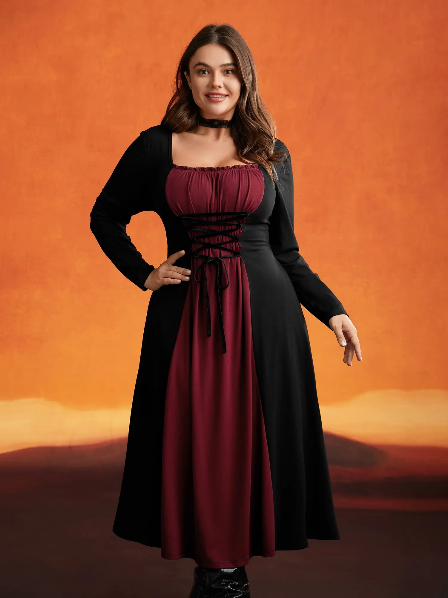 Stretchy Knit Adjustable Tie Frill Trim Midi Dress sold by Bloomchic product image thumbnail 2