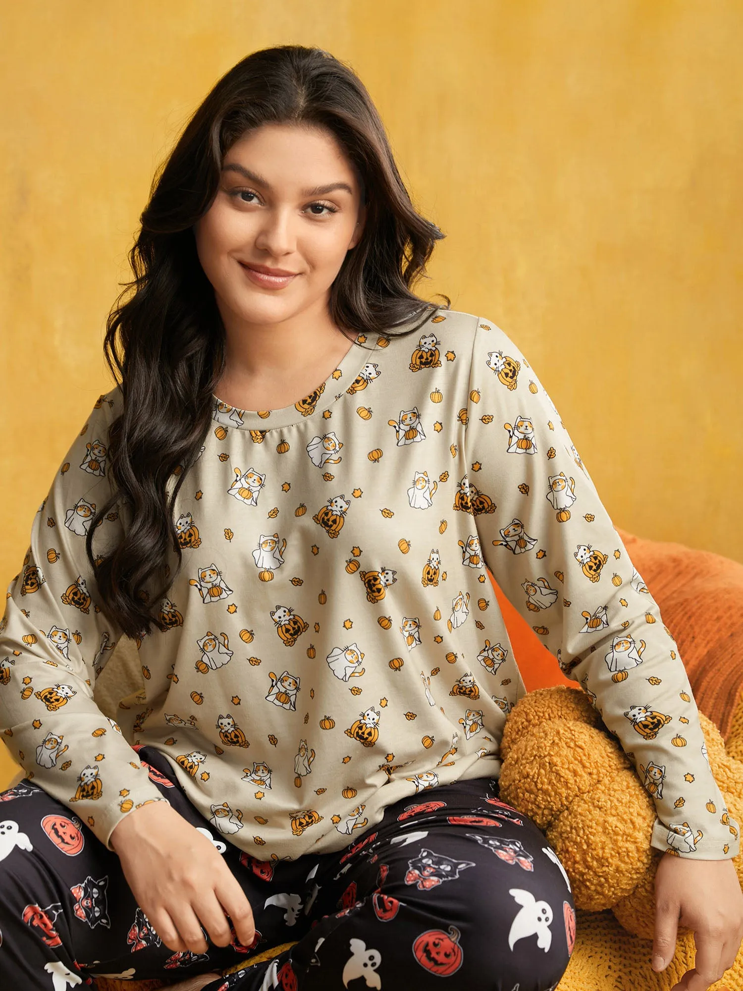 Silly Cat Printed Crew Neck Lounge Top sold by Bloomchic