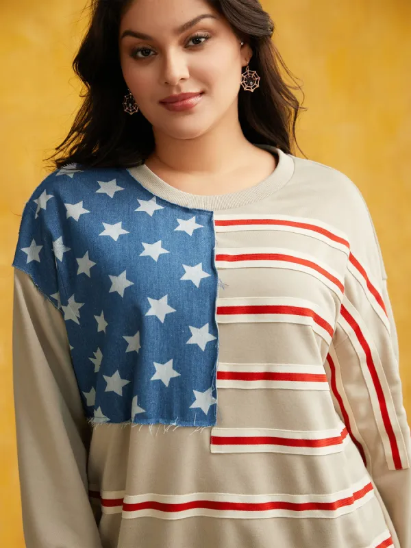 Flag And Denim Spliced Crew Neck Sweatshirt sold by Bloomchic