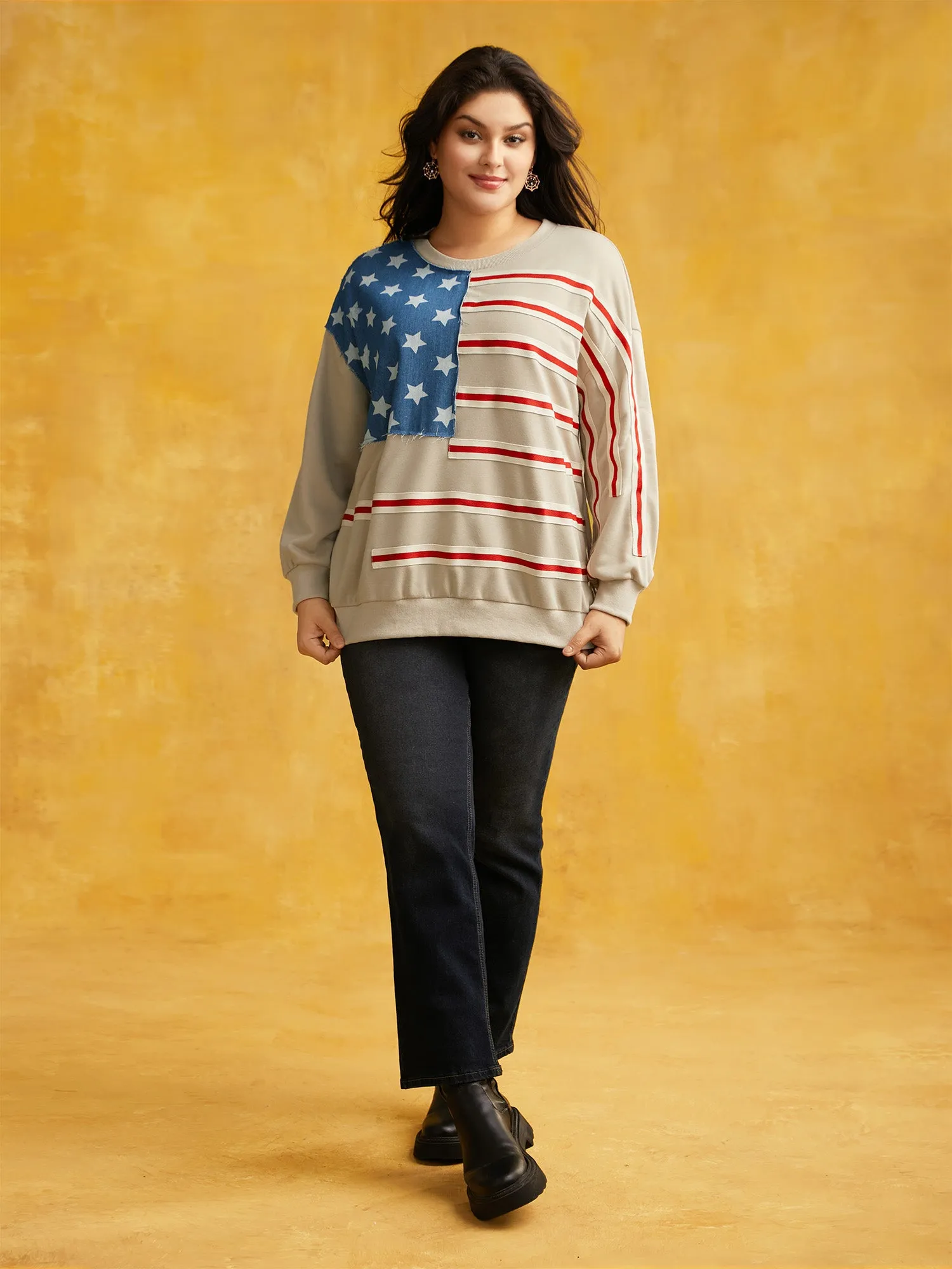 Flag And Denim Spliced Crew Neck Sweatshirt sold by Bloomchic product image thumbnail 3