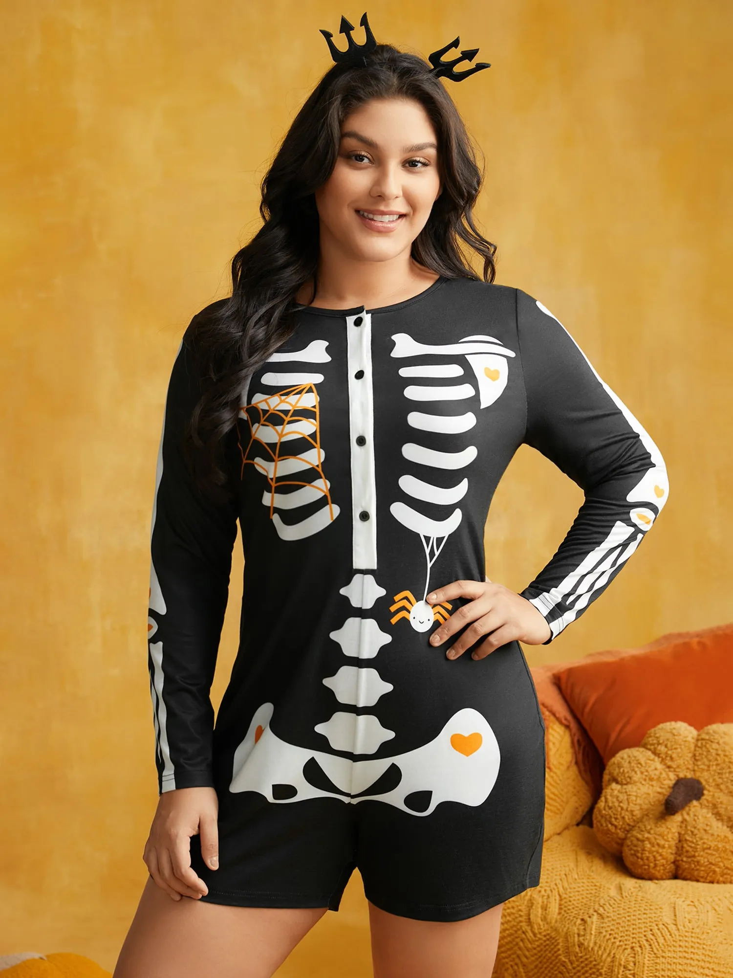Bone Chilling Skeletal Placket Sleep Jumpsuit sold by Bloomchic