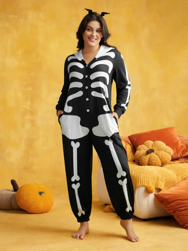 Skeleton Printed Button-Up Hooded Lounge Jumpsuit sold by Bloomchic
