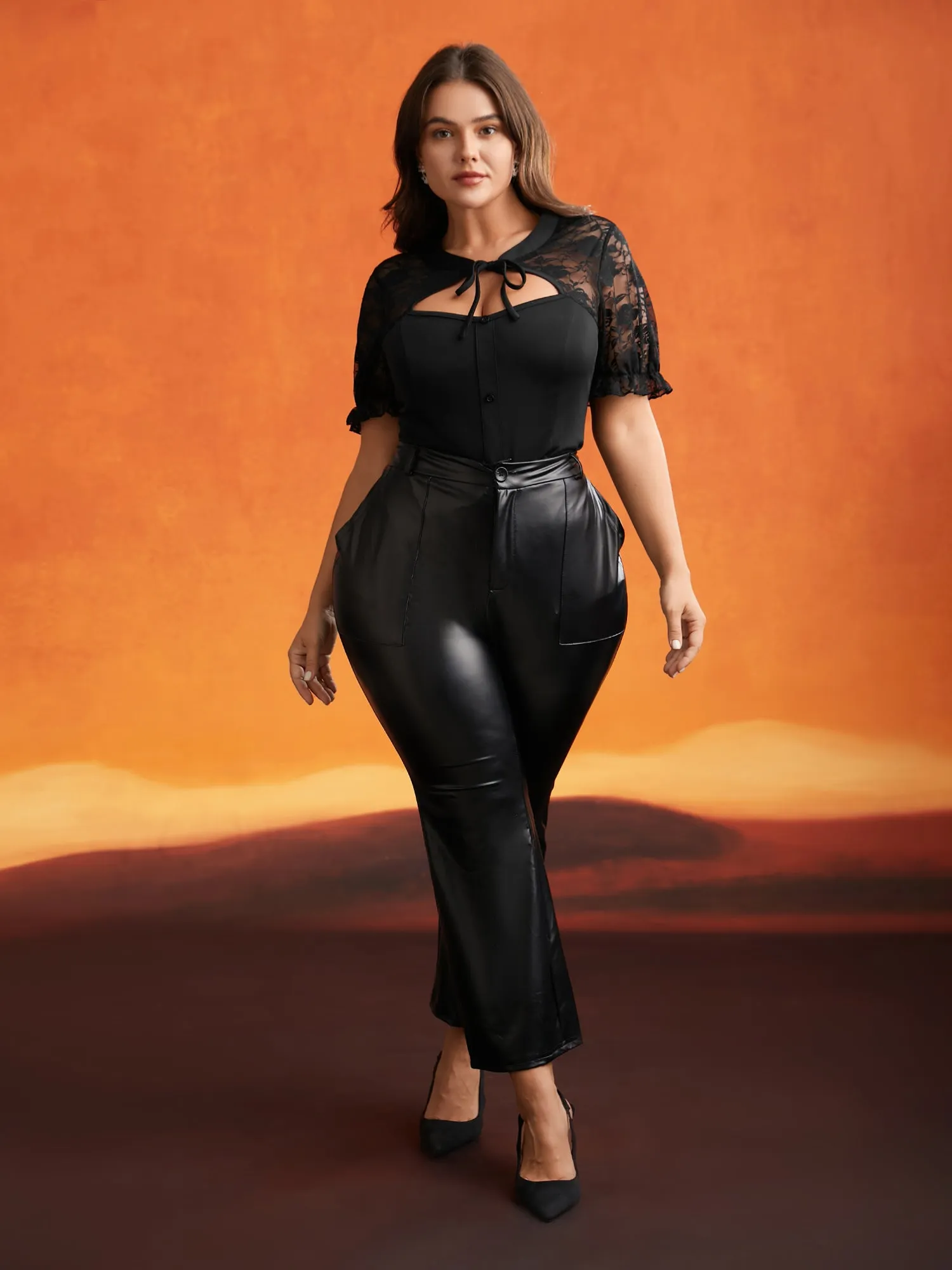 Lace Tie Cutout Neck Mesh Blouse sold by Bloomchic product image thumbnail 2