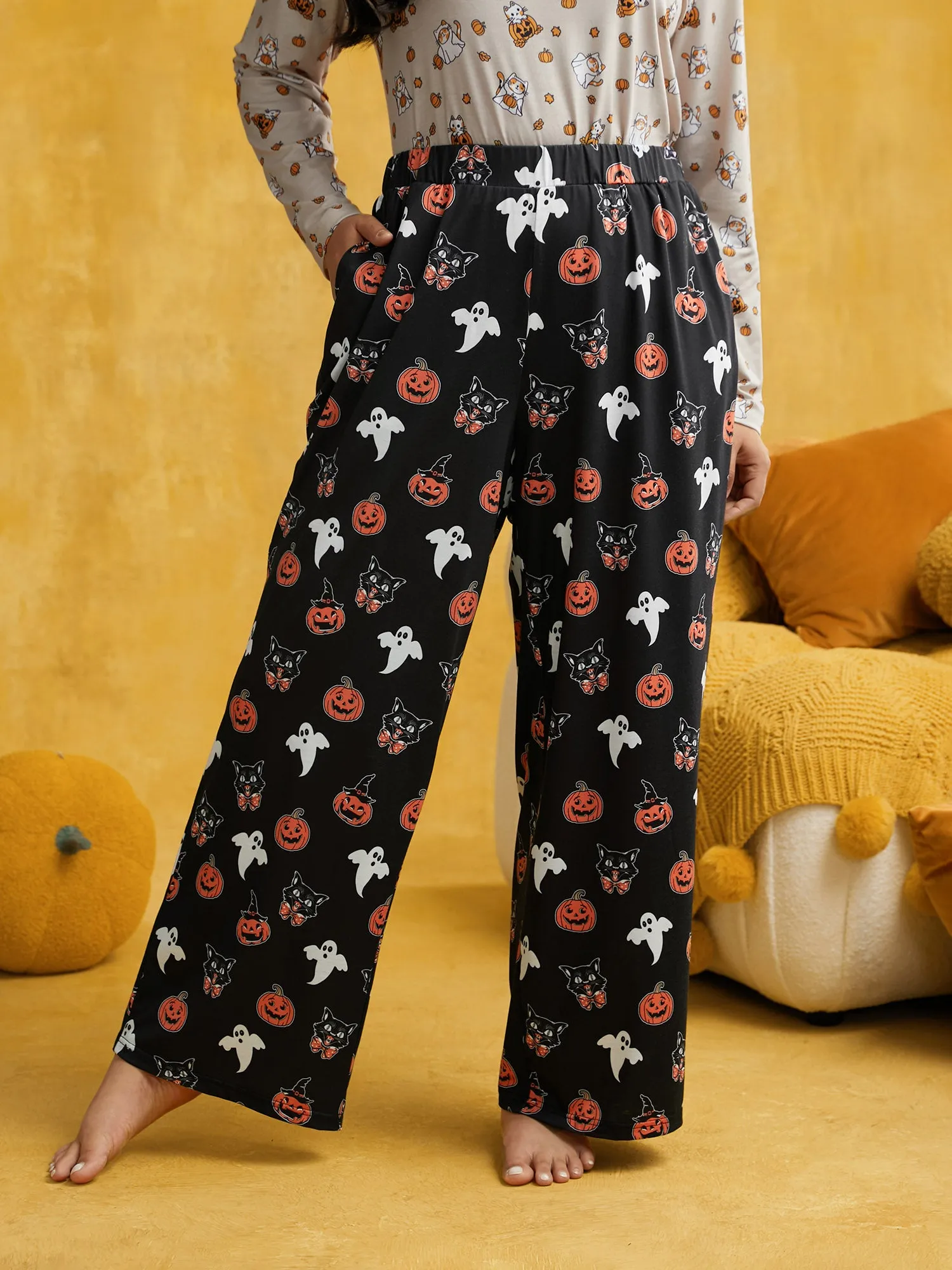 Pumpkin Ghost Printed Wide Leg Pants sold by Bloomchic