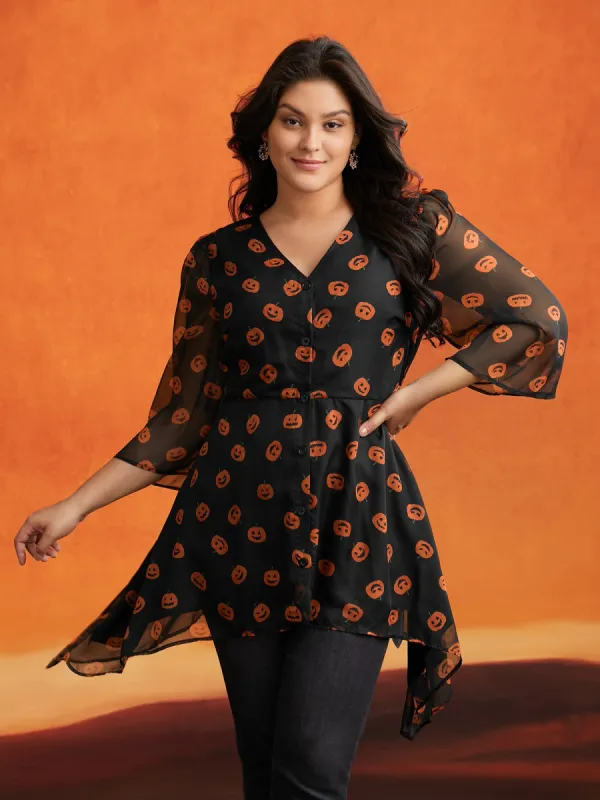 Pumpkin Asymmetrical Hem Mesh Blouse sold by Bloomchic