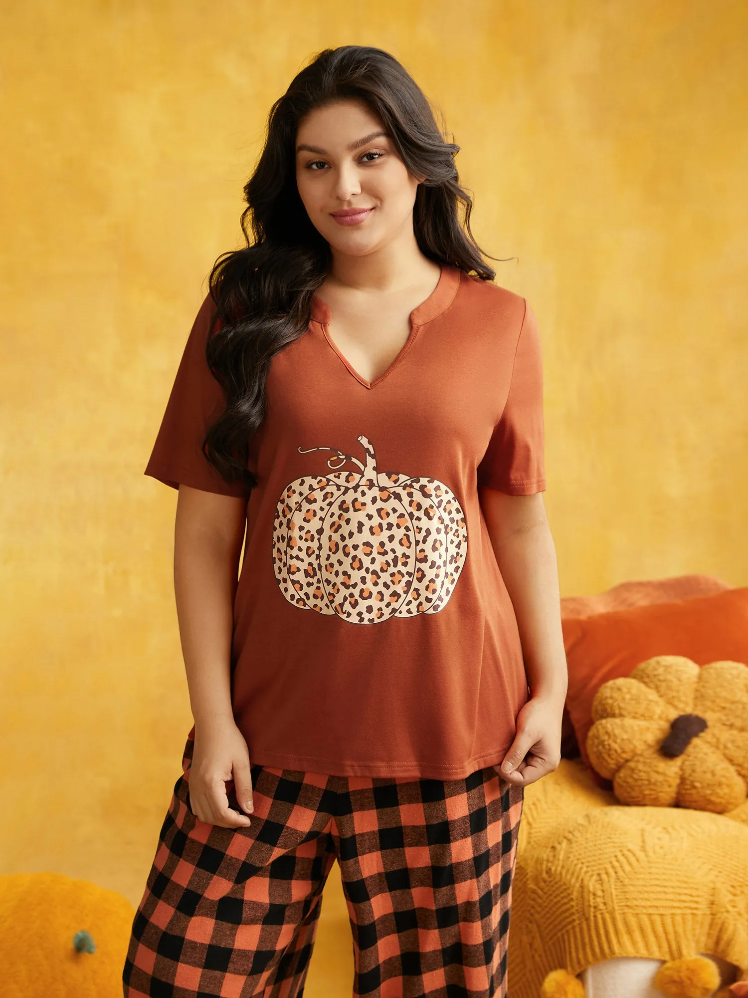 Leopard Pumpkin Notched Collar Lounge Top sold by Bloomchic