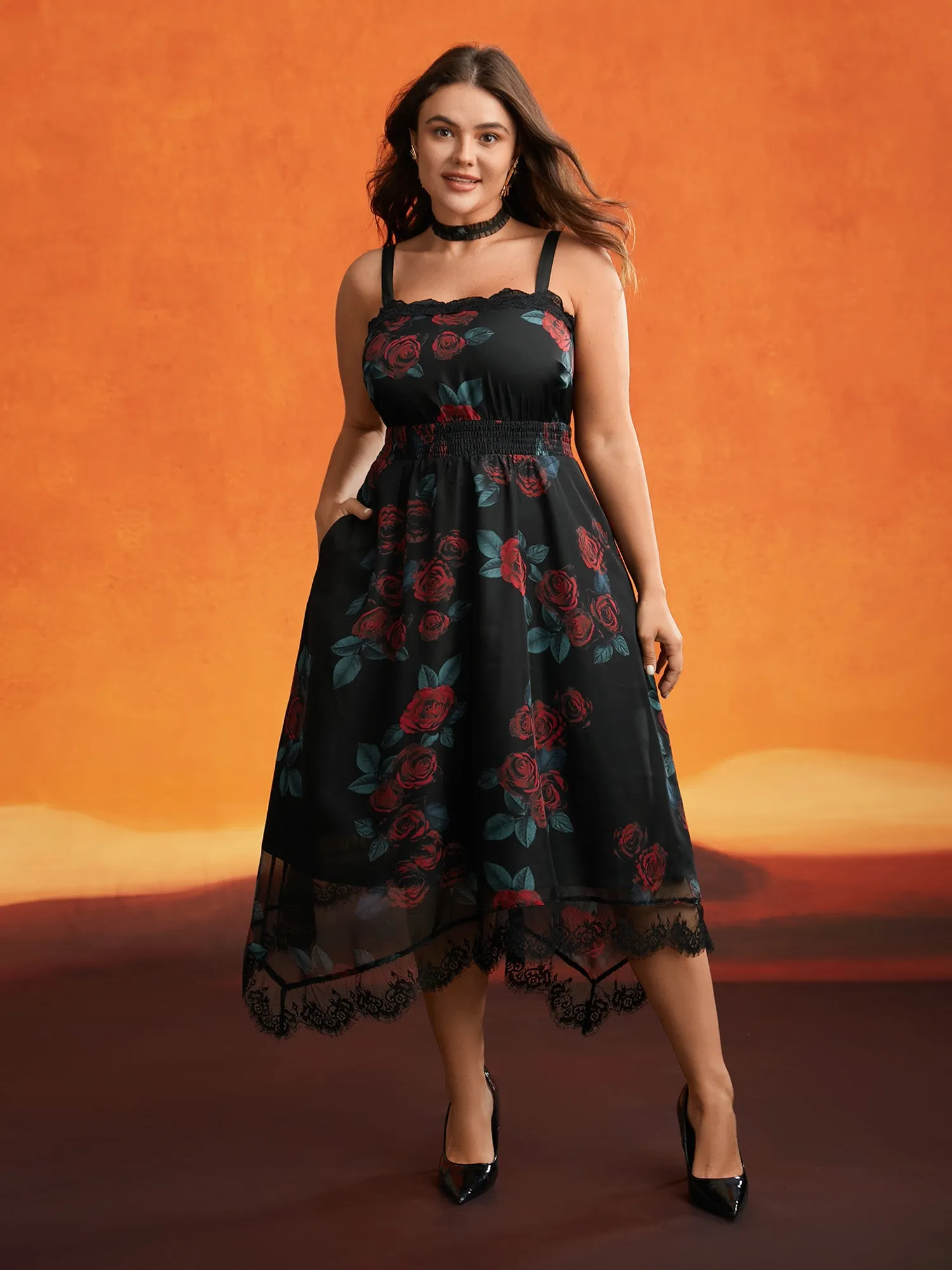 Cami Lace Floral Waist Cinching Midi Dress sold by Bloomchic