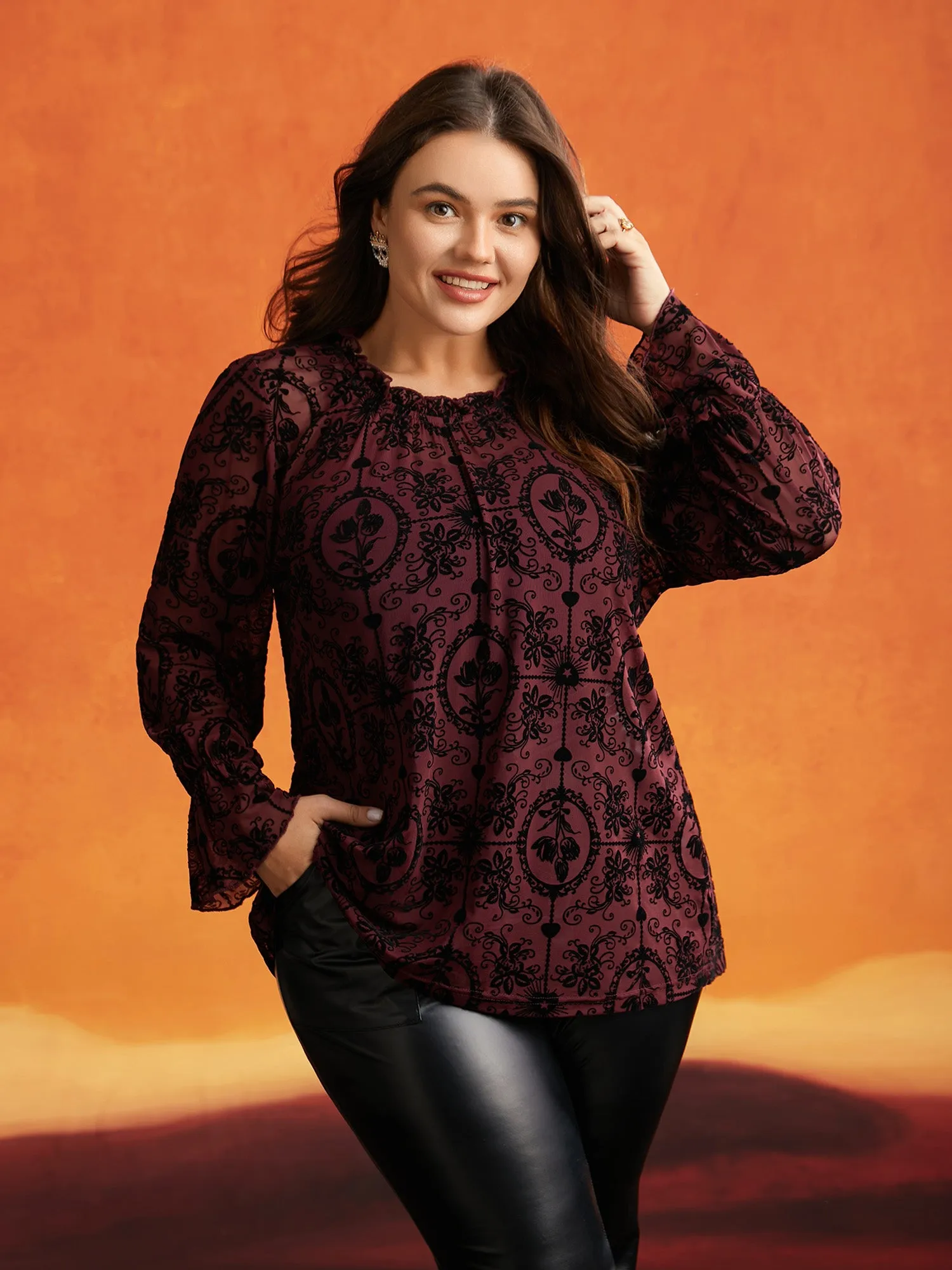 Elastic Flocked Mesh Blouse sold by Bloomchic