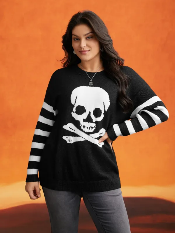 Supersoft Essentials Gothic Skull Striped Sleeves Pullover sold by Bloomchic