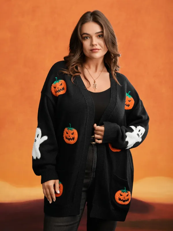 Pumpkin Ghost Embroidery Open Cardigan sold by Bloomchic