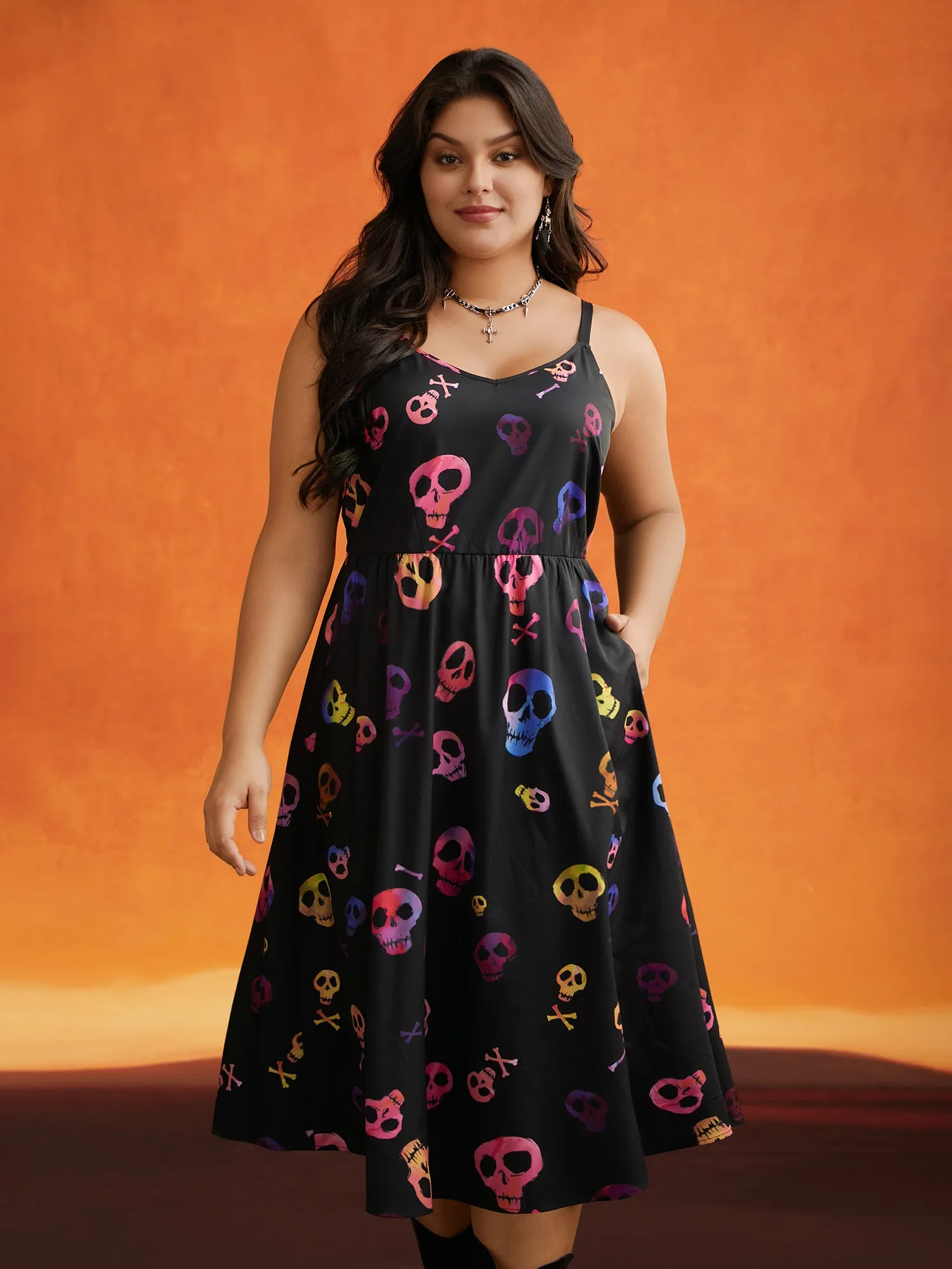 Cami Spooktacular Skull Printed Midi Dress sold by Bloomchic