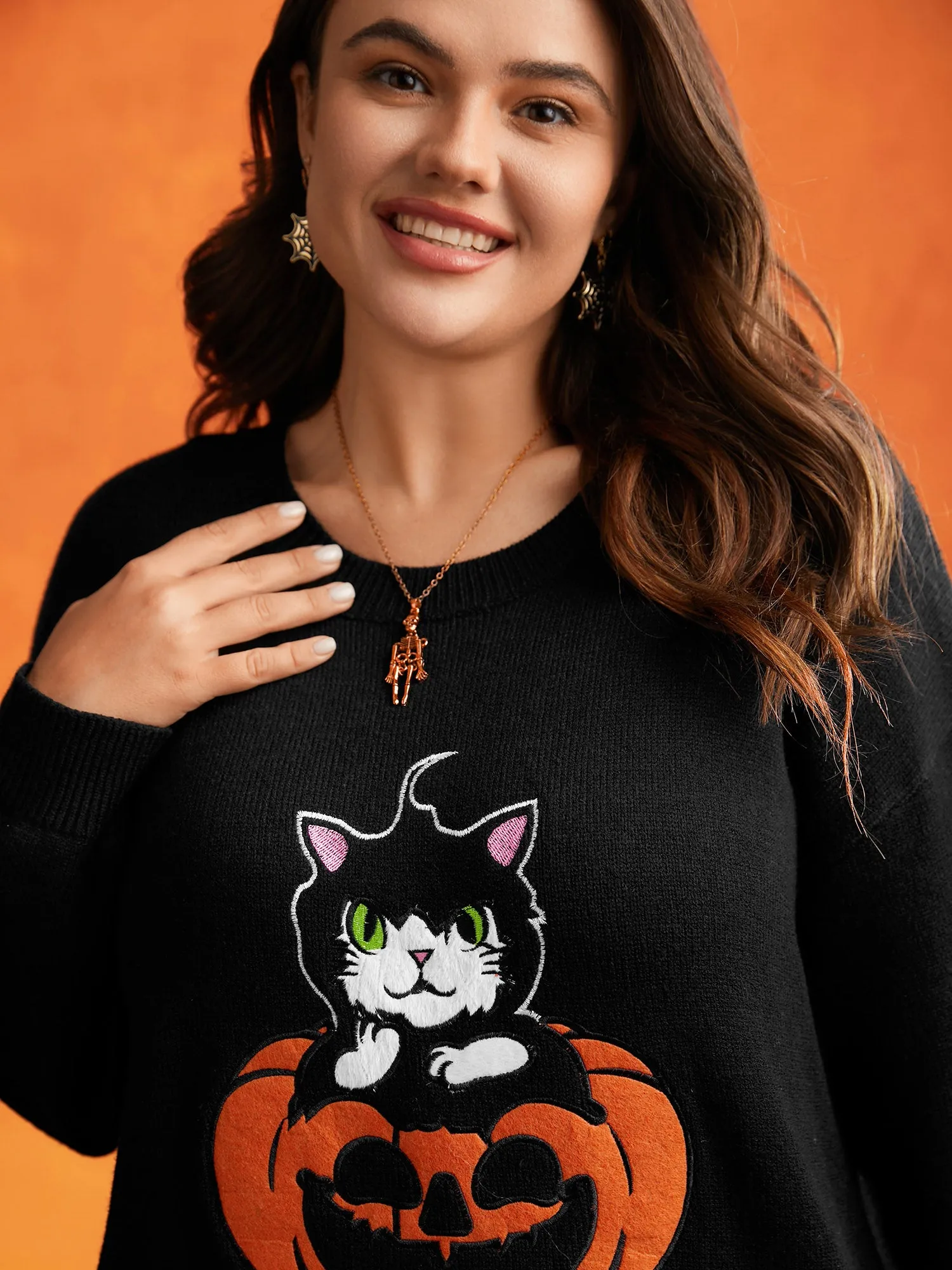 Embroidered Cat In Pumpkin Crew Neck Pullover sold by Bloomchic