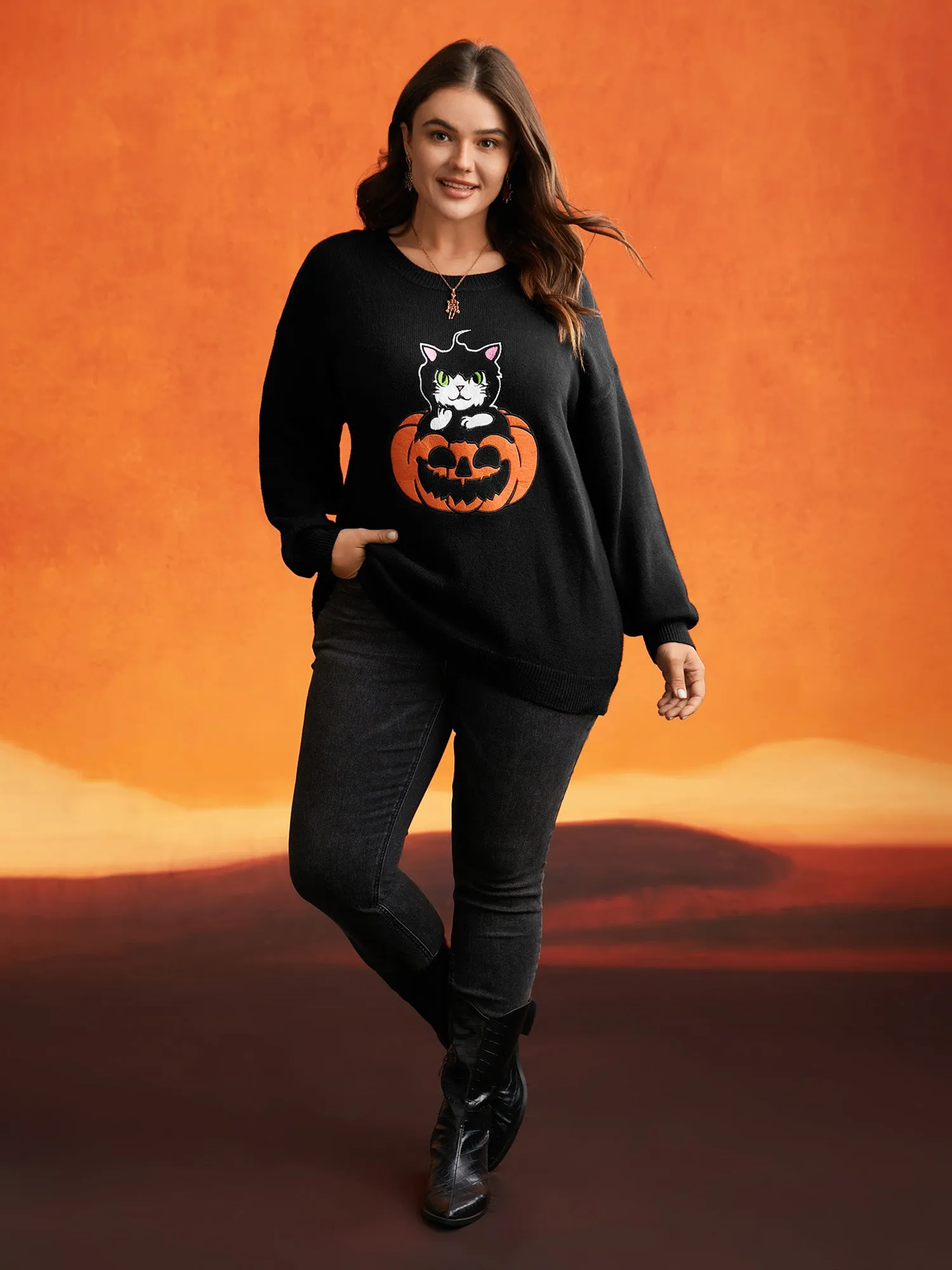 Embroidered Cat In Pumpkin Crew Neck Pullover sold by Bloomchic product image thumbnail 4