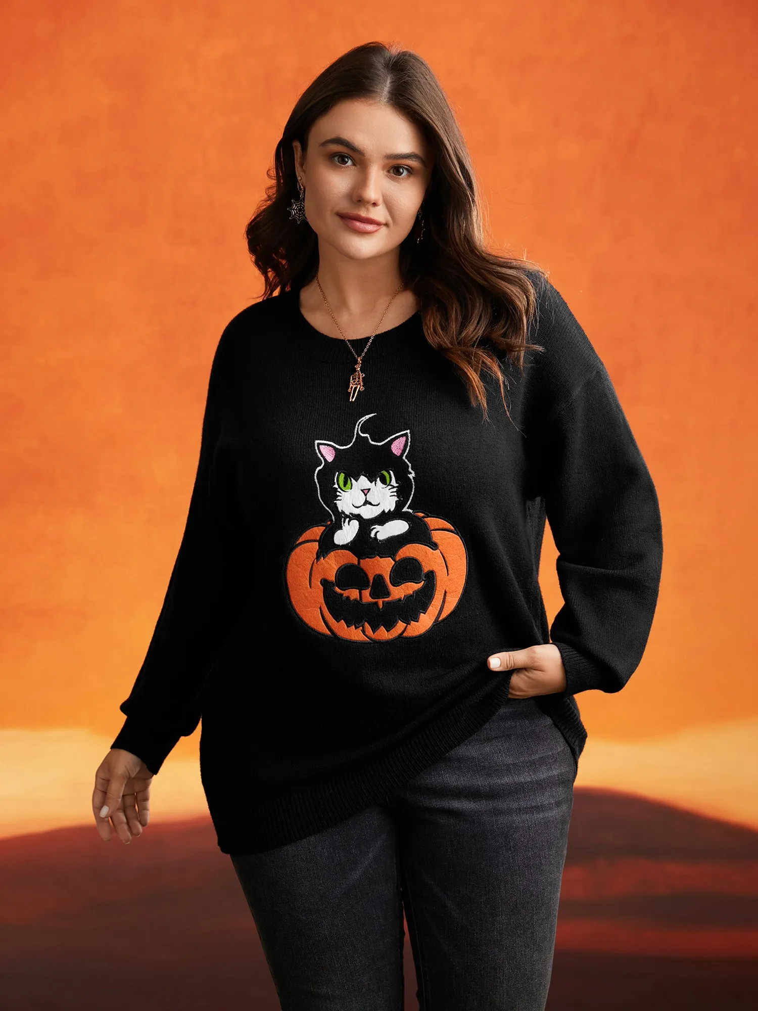 Embroidered Cat In Pumpkin Crew Neck Pullover sold by Bloomchic product image thumbnail 2