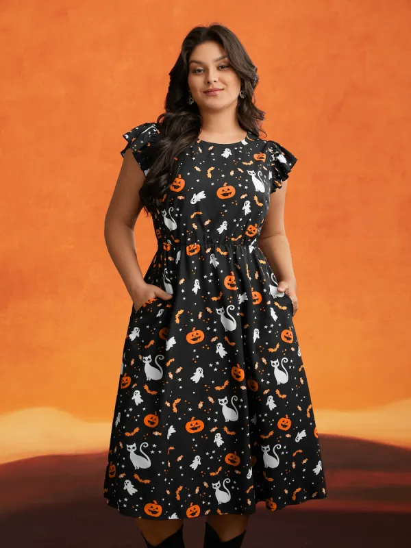 Pumpkin Printed Ruffle Sleeves Midi Dress sold by Bloomchic