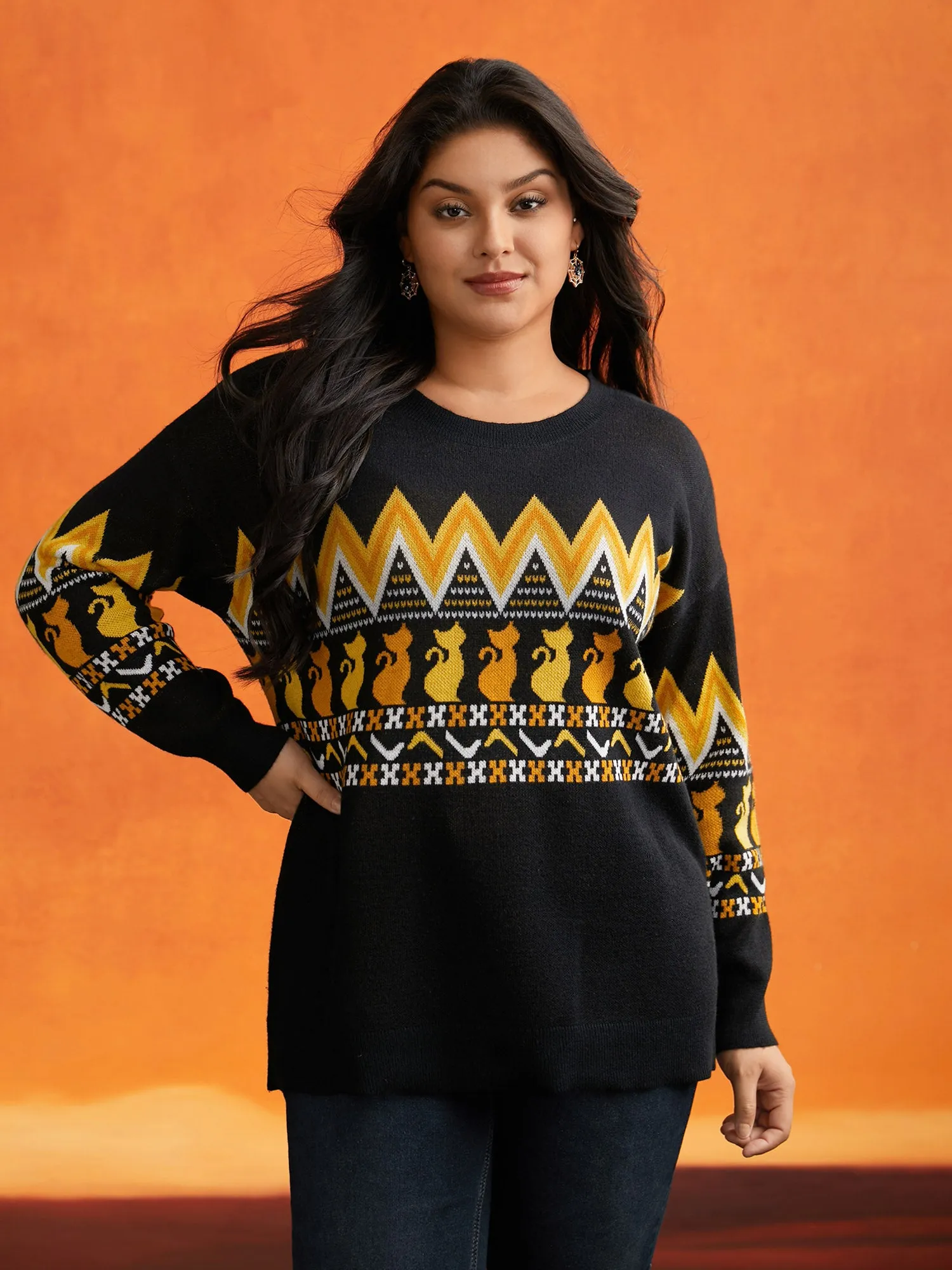 Cat Printed Jacquard Fair Isle Pullover sold by Bloomchic
