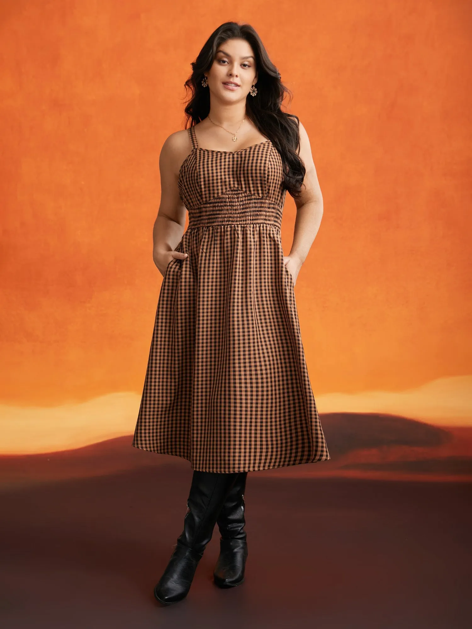 Cami Pumpkin Color Grid Waist Midi Dress sold by Bloomchic product image thumbnail 2