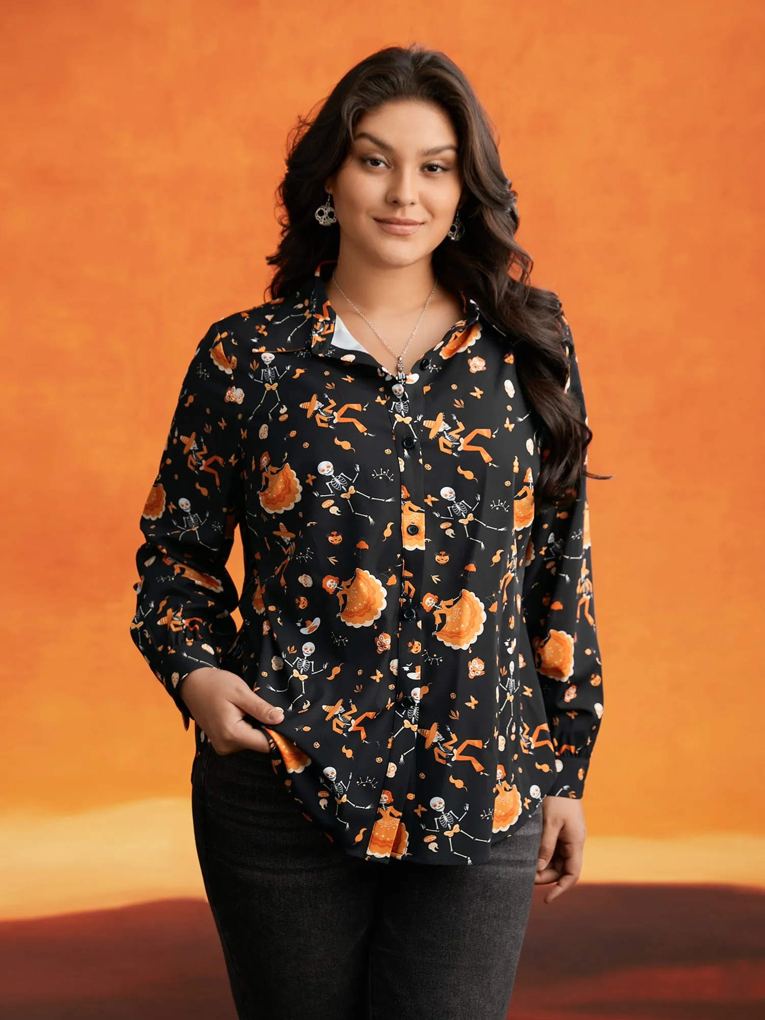 Pumpkin & Skull Printed Button Down Shirt sold by Bloomchic