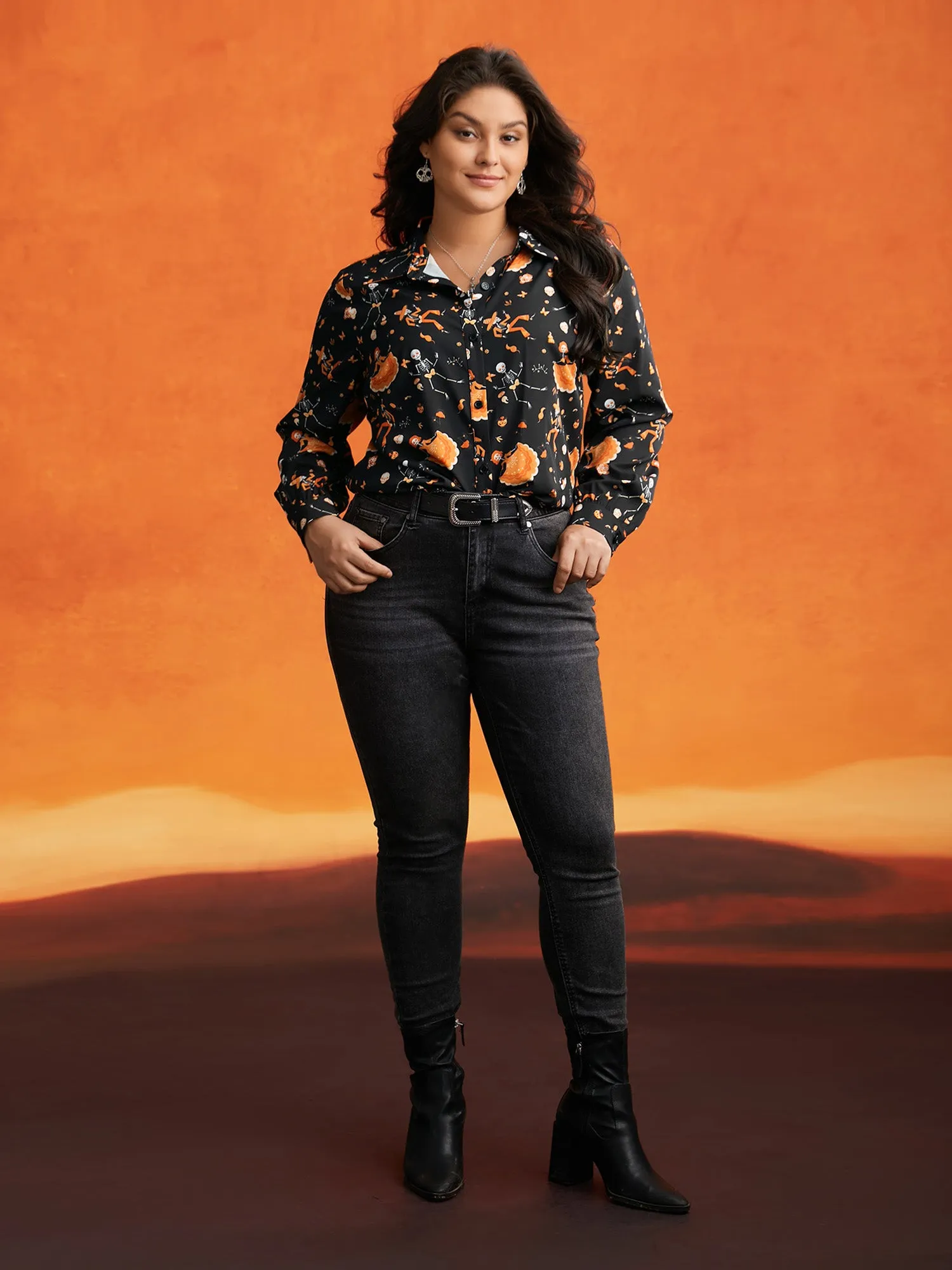 Pumpkin & Skull Printed Button Down Shirt sold by Bloomchic product image thumbnail 2