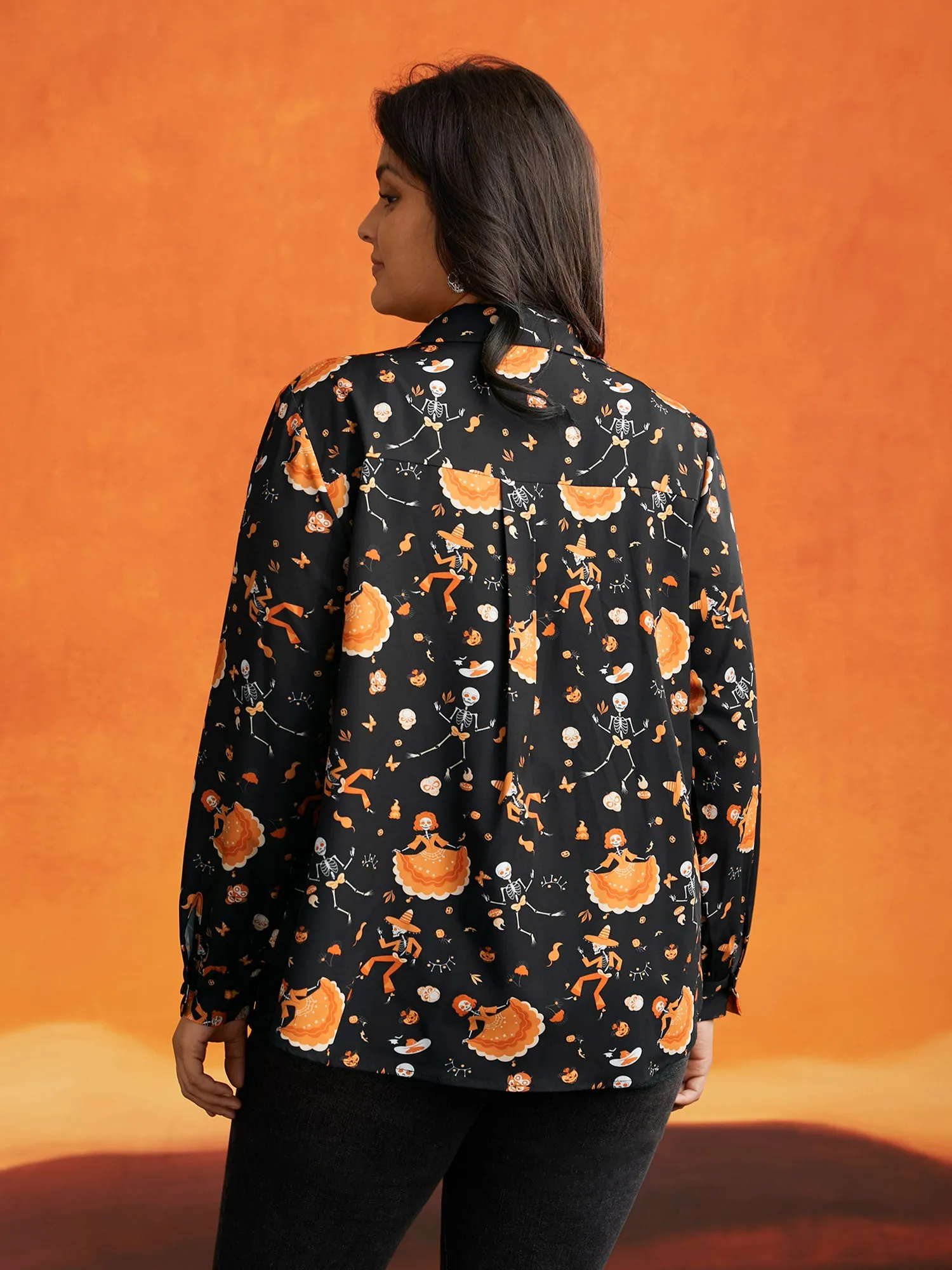 Pumpkin & Skull Printed Button Down Shirt sold by Bloomchic product image thumbnail 5