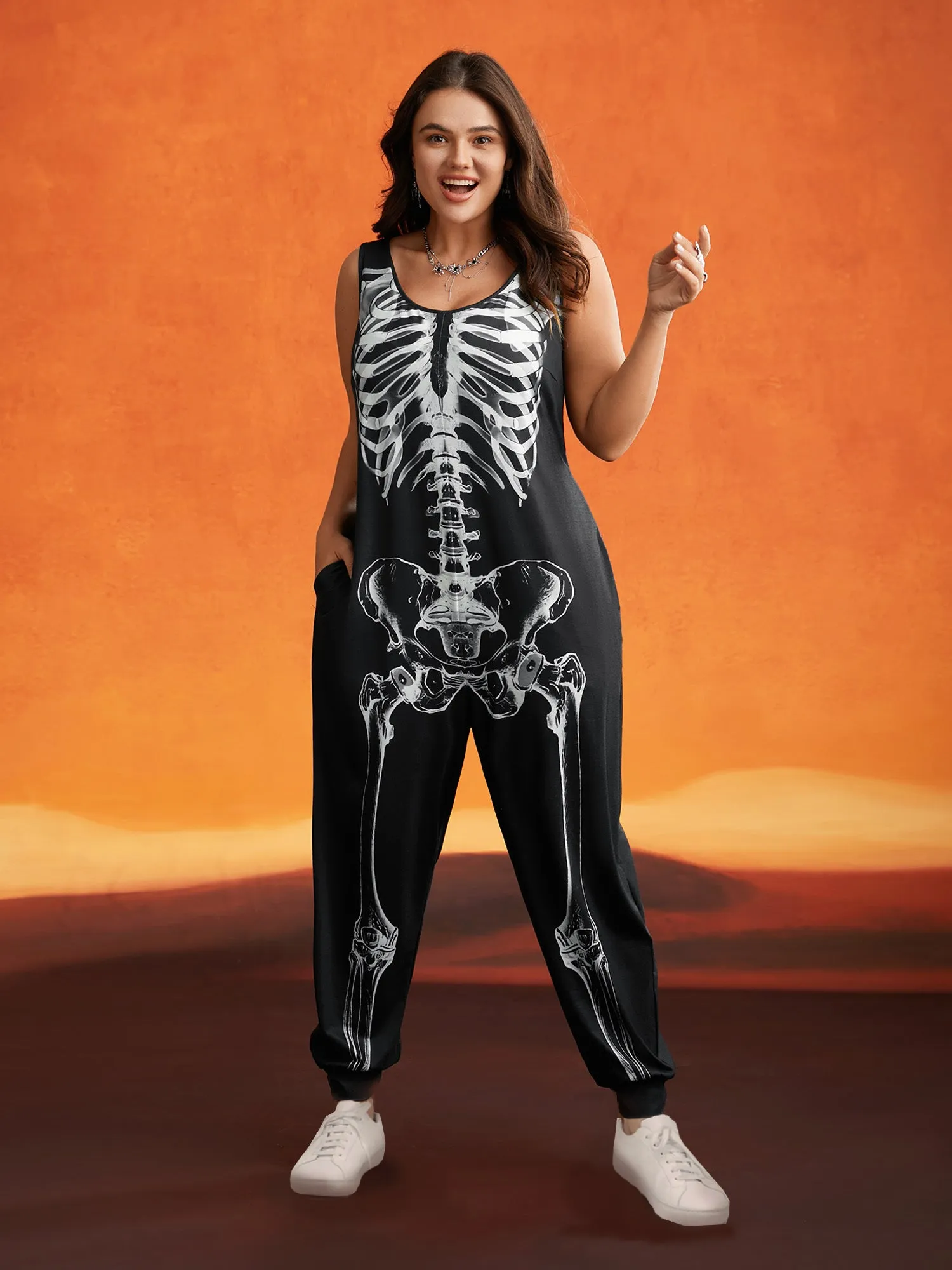 Skeleton Printed Off-Sleeves Jumpsuit sold by Bloomchic