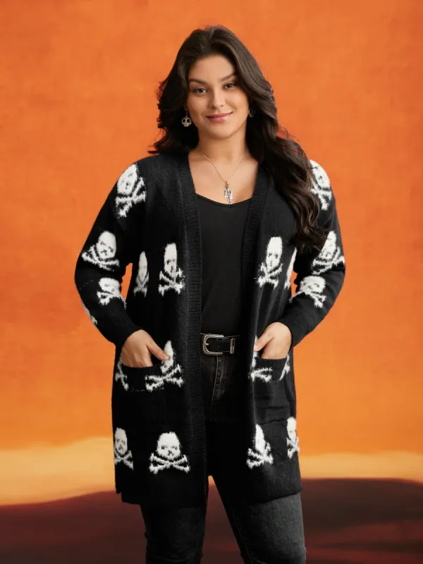 Skull Pattern Plus Jacquard Open Cardigan sold by Bloomchic