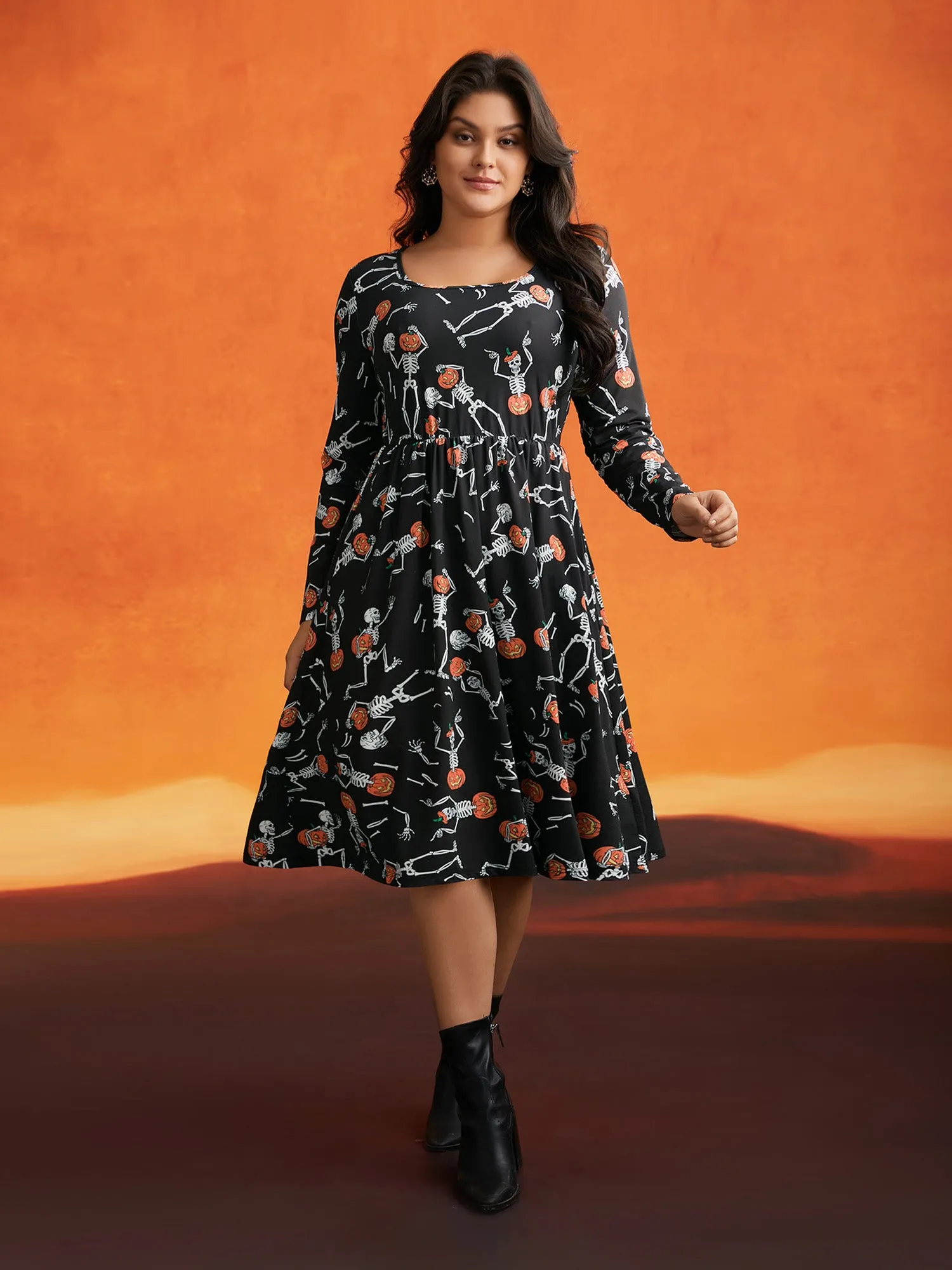 Pumpkin Skeleton Elastic Waist Midi Dress sold by Bloomchic product image thumbnail 2