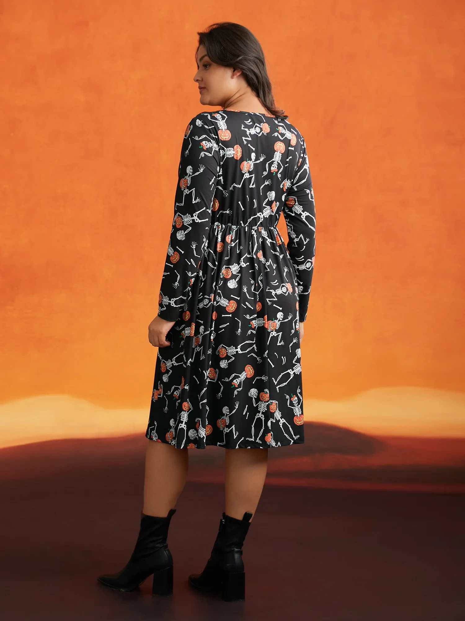 Pumpkin Skeleton Elastic Waist Midi Dress sold by Bloomchic product image thumbnail 3